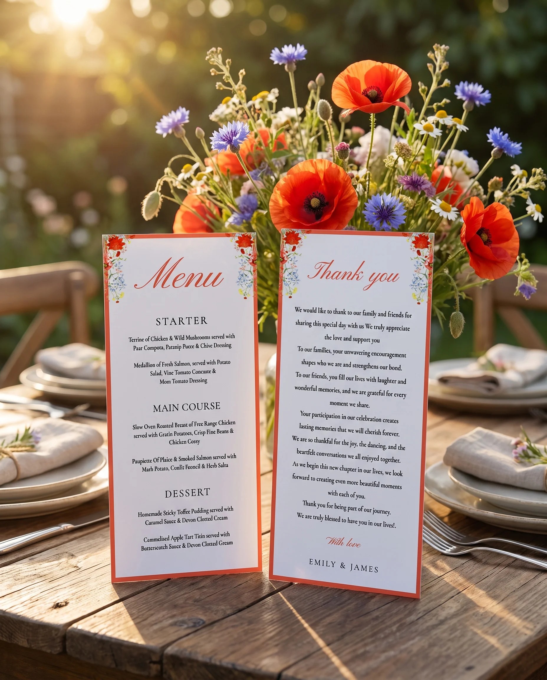 Poppy Meridian wedding menu — menu and thank you card standing upright on a reception table under soft natural light, wedding menu template.