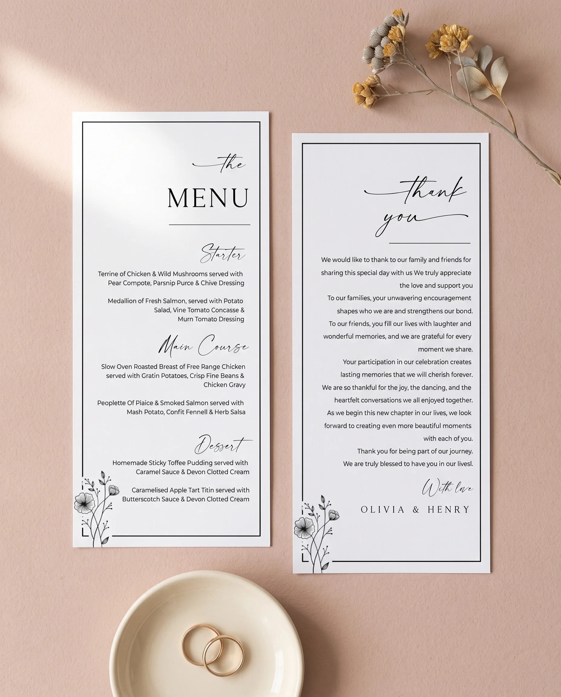Hush Bloom wedding menu — two menu pages laid flat under soft natural light at a slight overhead angle, wedding menu.