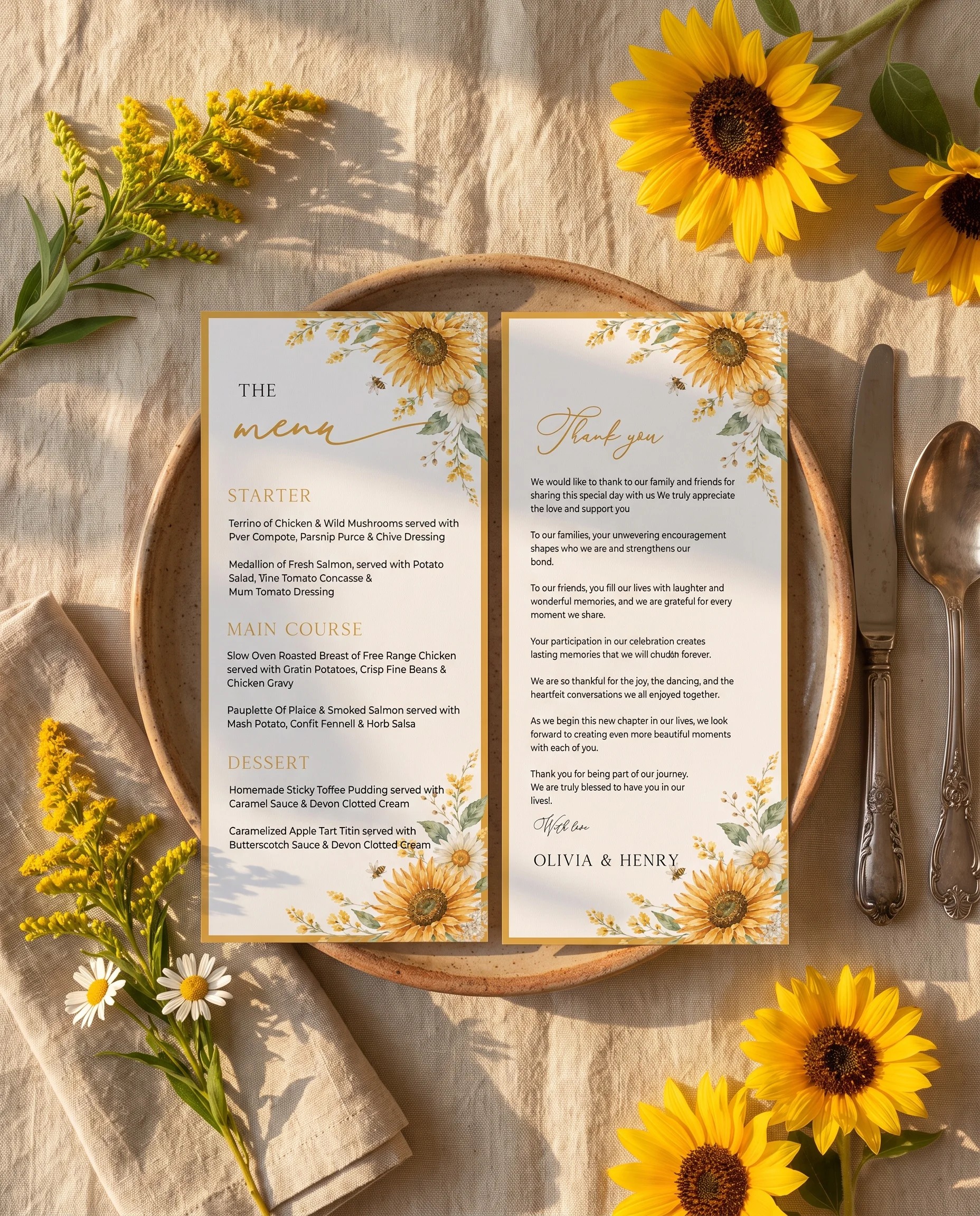 Honeyfield wedding menu — menu and thank you card on a plate at a set place setting, wedding menu cards