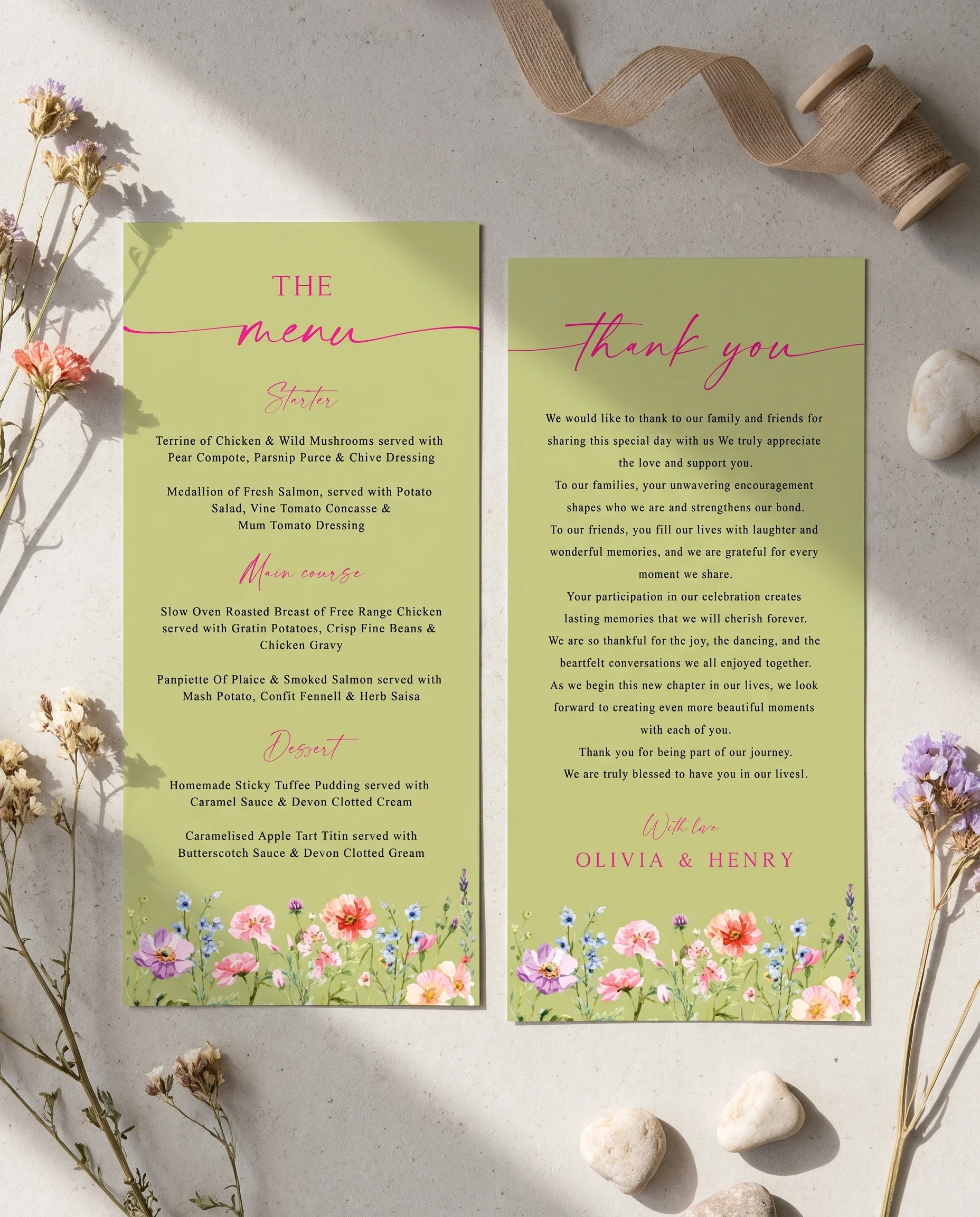 Wildmeadow Bouquet wedding menu — menu and thank you card shown flat under soft overhead light, wedding menu