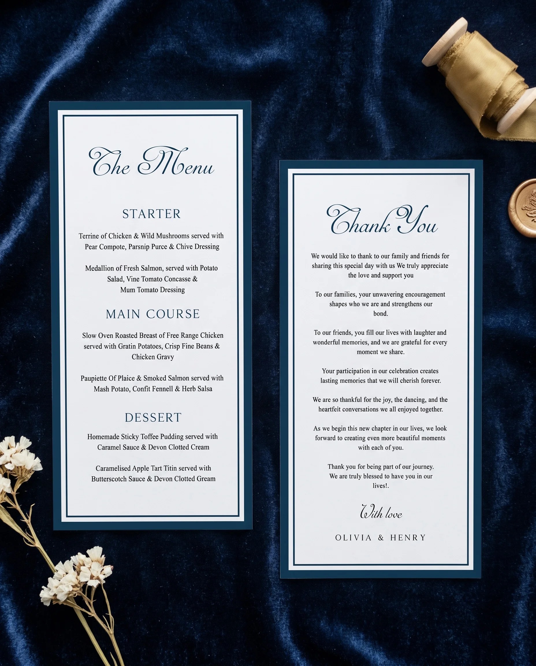 Windsor Crown wedding menu — two menu sheets laid flat on premium editorial paper in soft natural light, wedding menu