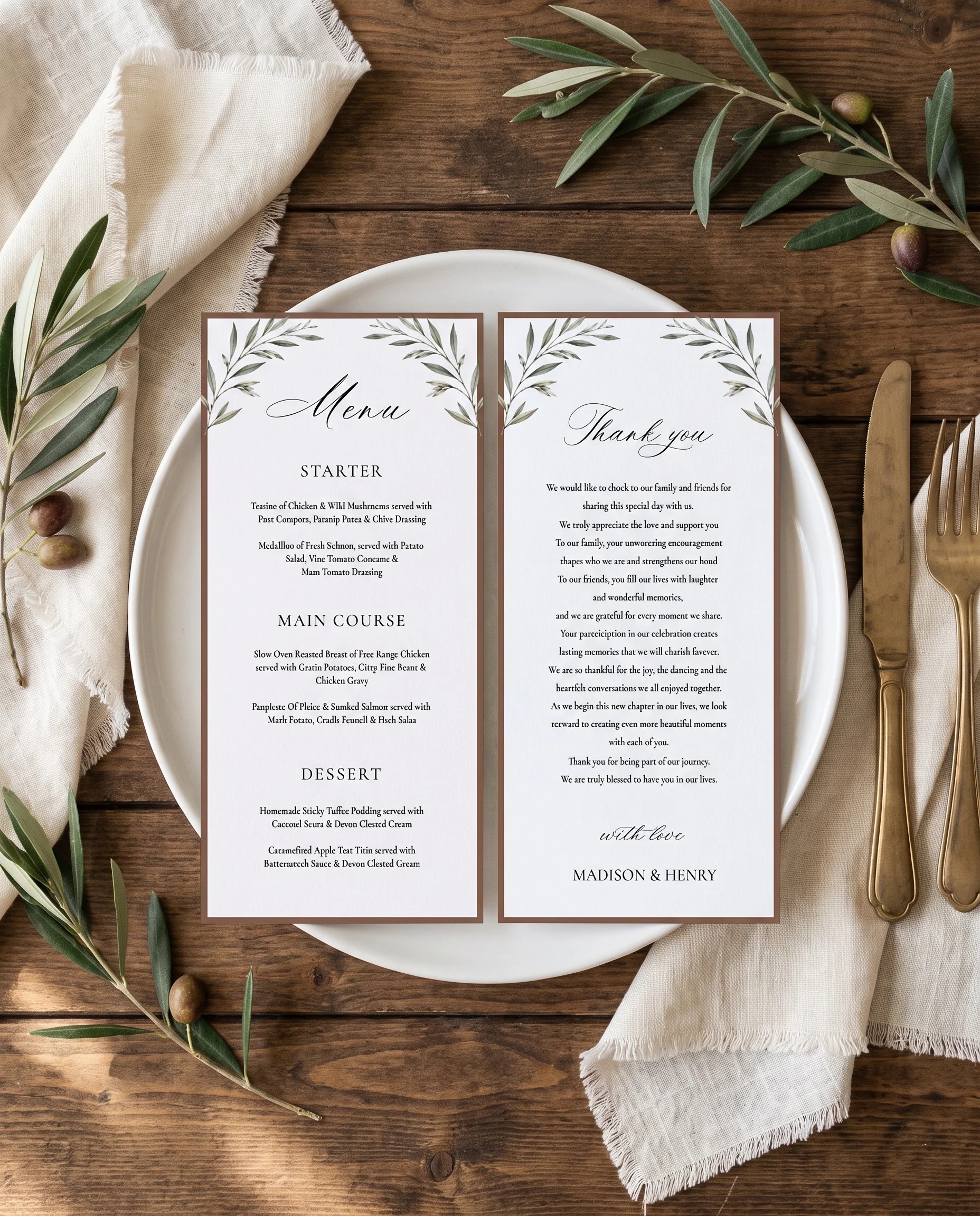 Olive Arc wedding menu — menu and thank you card on a plate at a set place setting, wedding menu cards.
