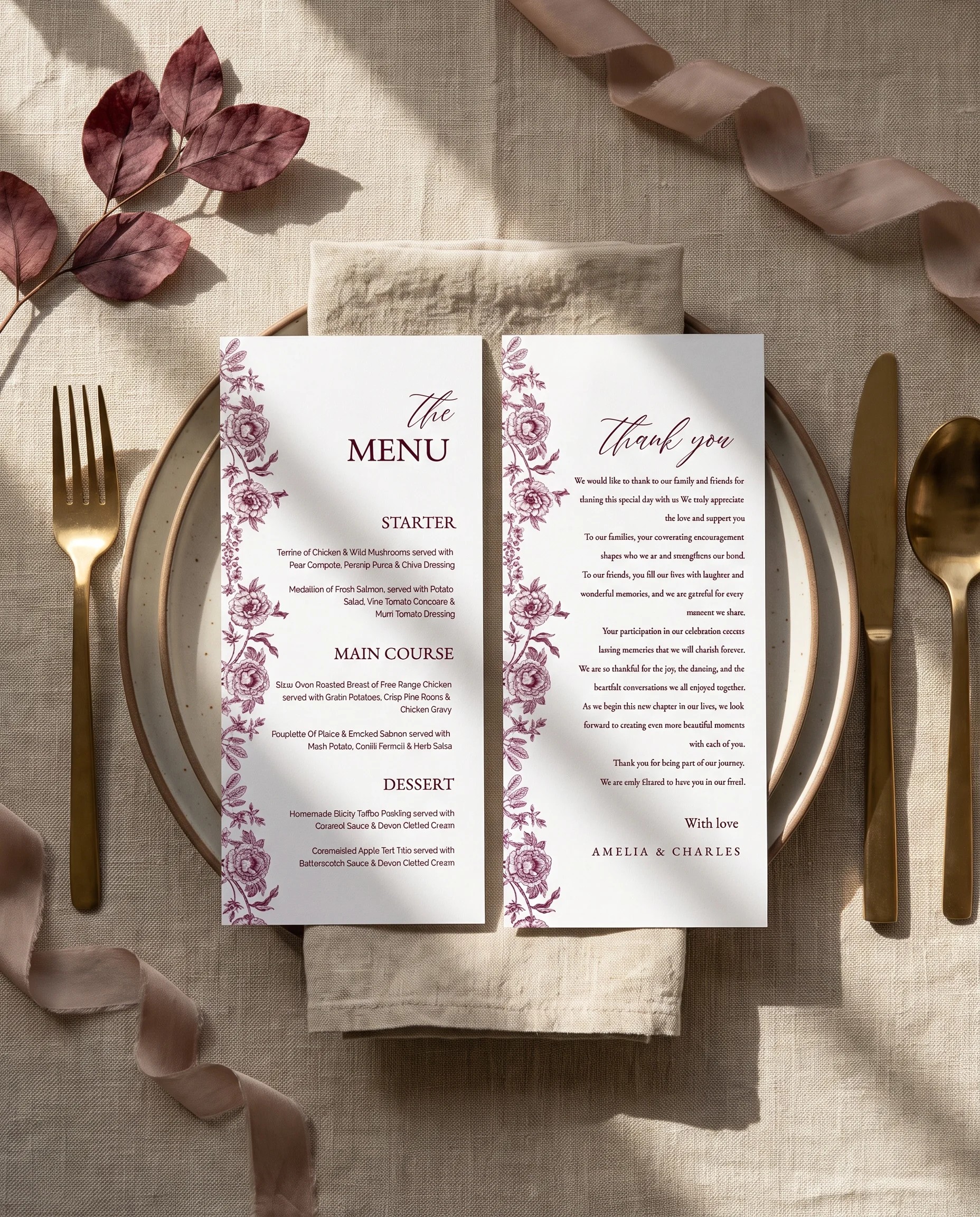 Chantilly wedding menu — two menu pages displayed on a plate at an elegant place setting, wedding menu cards.