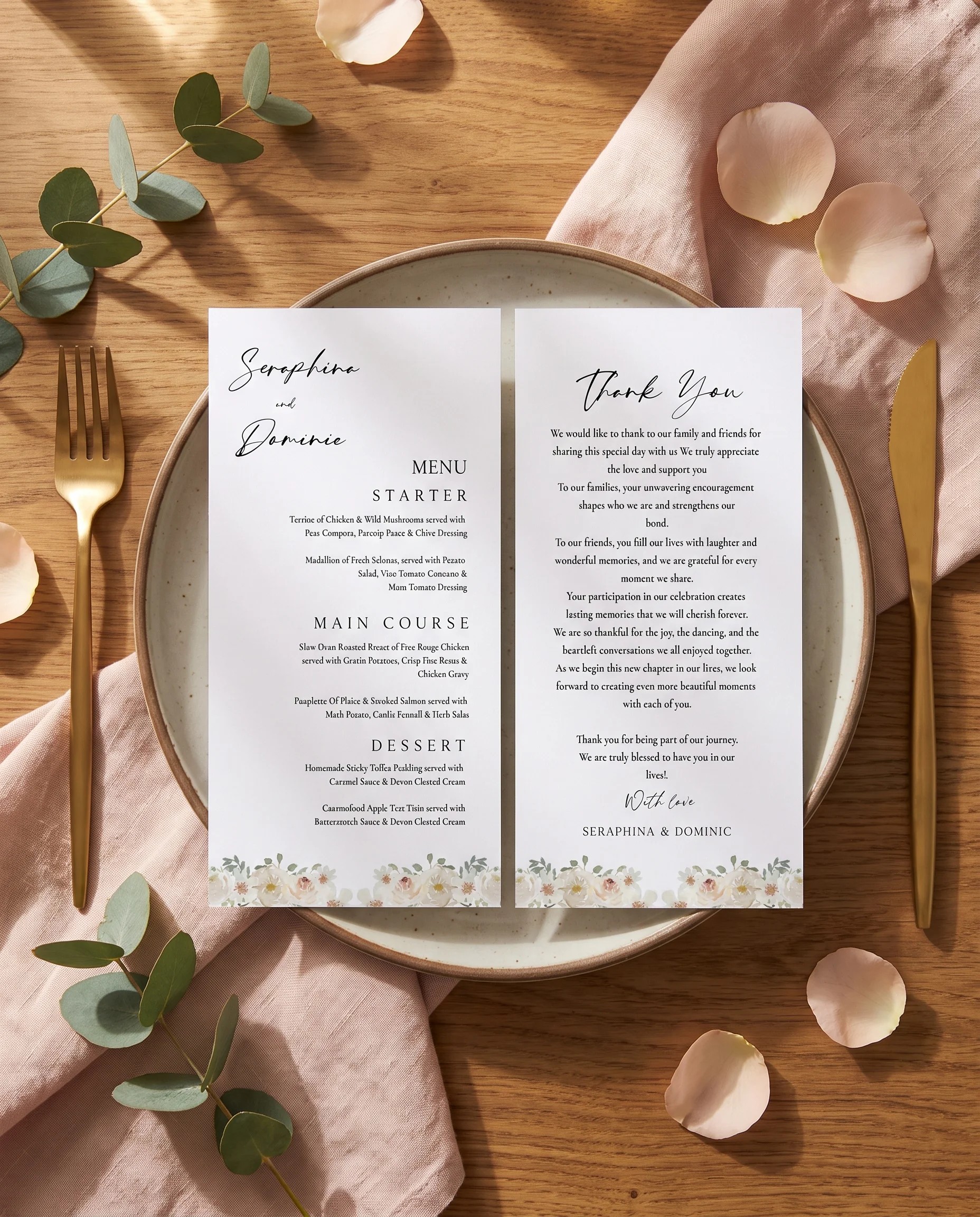 Seraphine wedding menu — two menu pages resting on a plate at a set place setting under soft natural light, wedding menu cards.