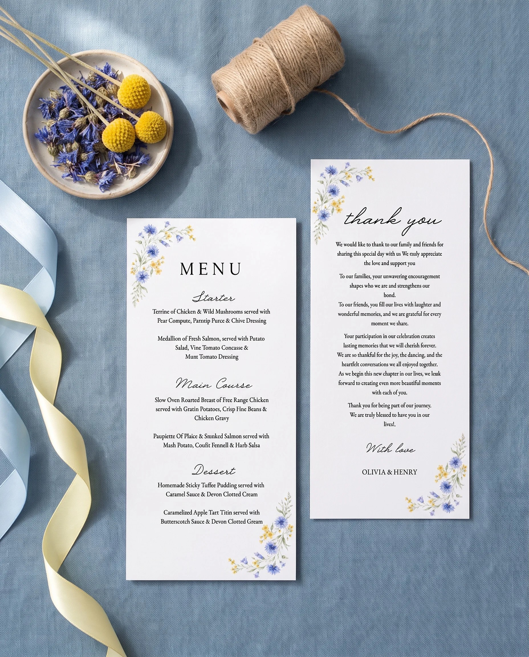 Cornflower wedding menu — two menu pages shown flat under soft natural light in an overhead editorial view, wedding menu