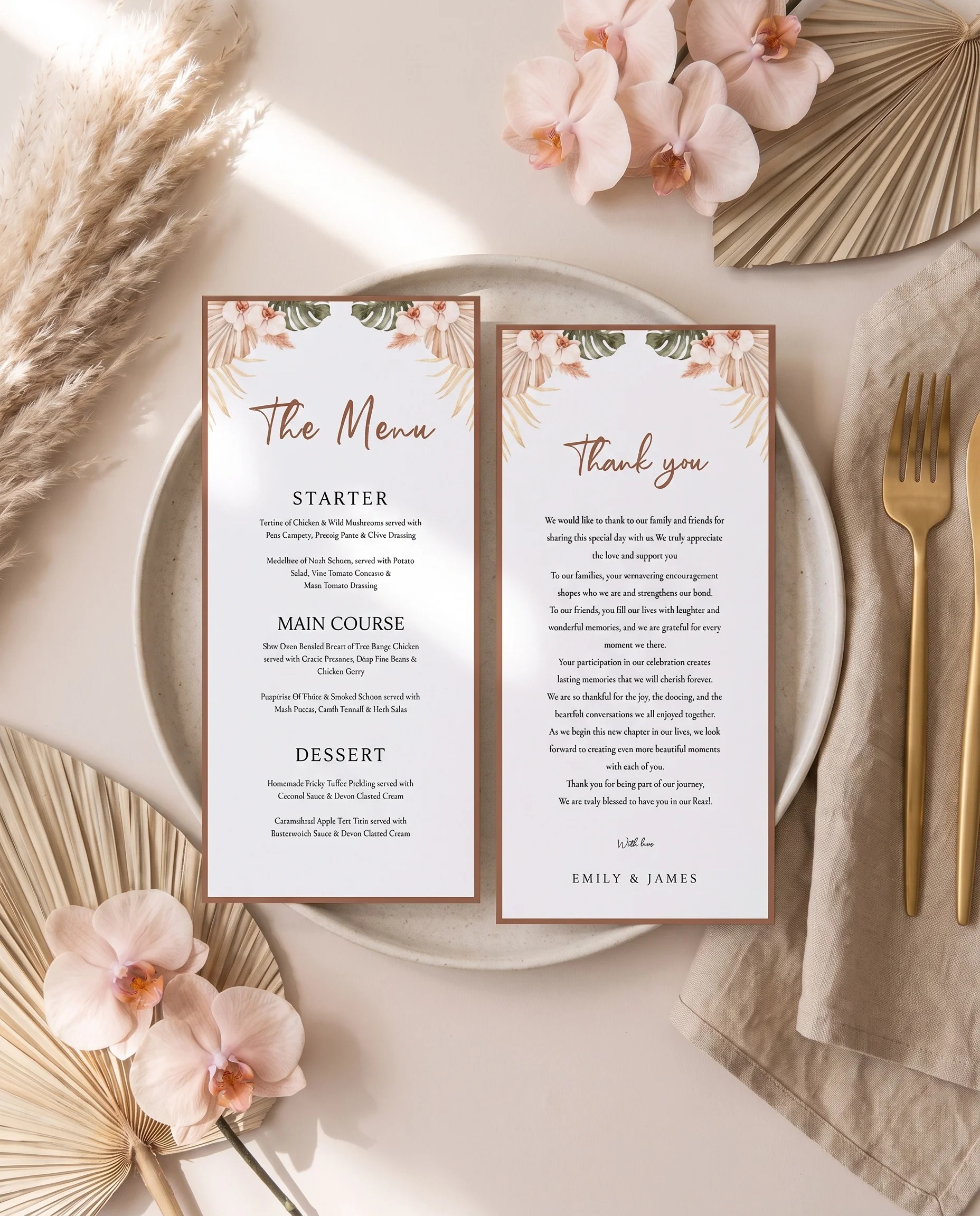 Palm Orchid wedding menu — displayed on a plate at an elegant place setting under soft natural light, wedding menu cards.