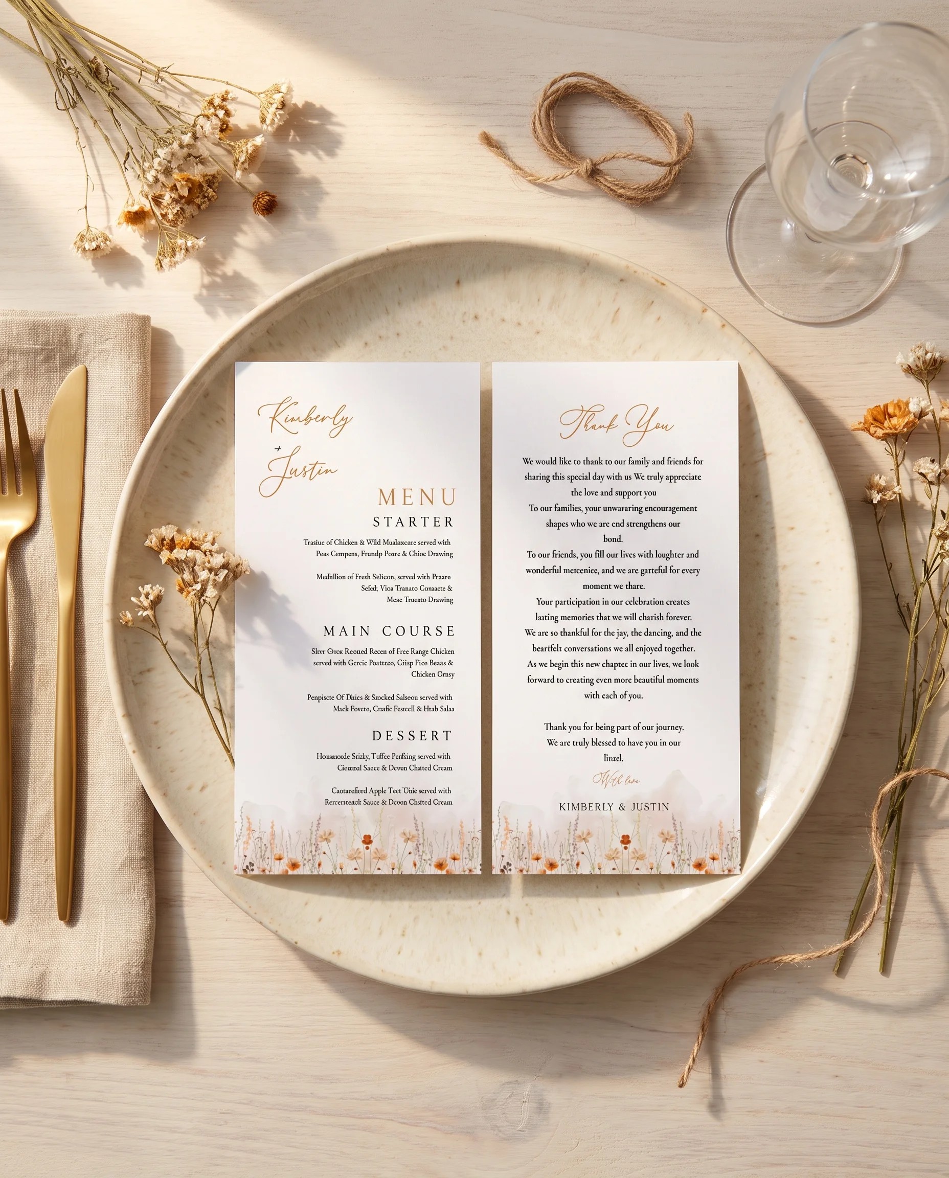 Amber Meadow wedding menu — menu and thank you card displayed on a plate at a set place setting, wedding menu cards