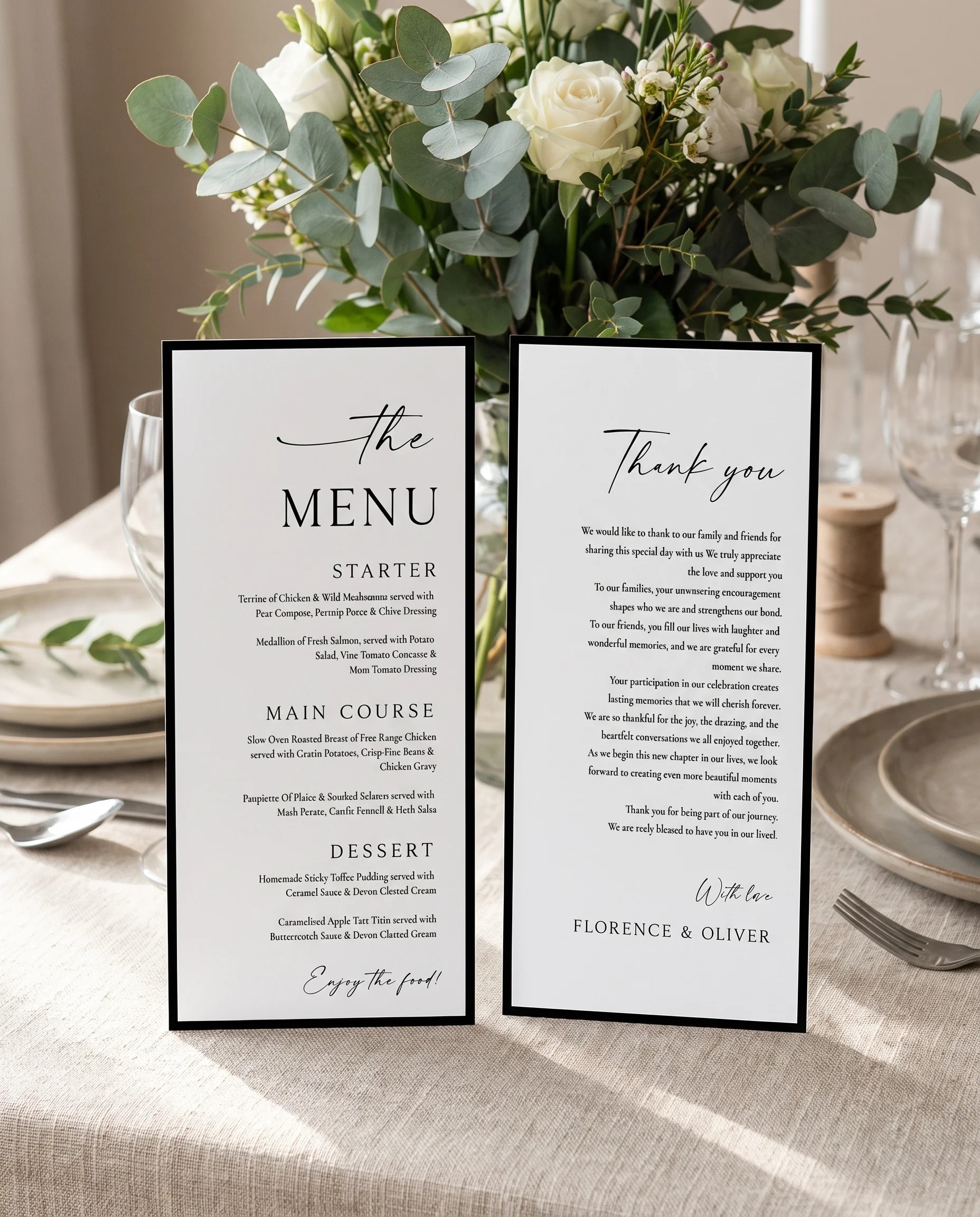 Lumen Frame wedding menu — menu and thank you card standing upright on a reception table under soft natural light, wedding menu template.