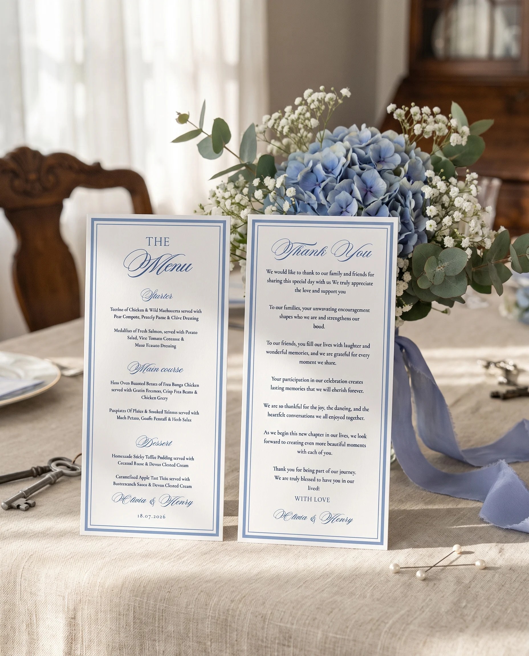 Azure Flourish wedding menu — two menu pages standing upright on a reception table under soft natural light, wedding menu template.