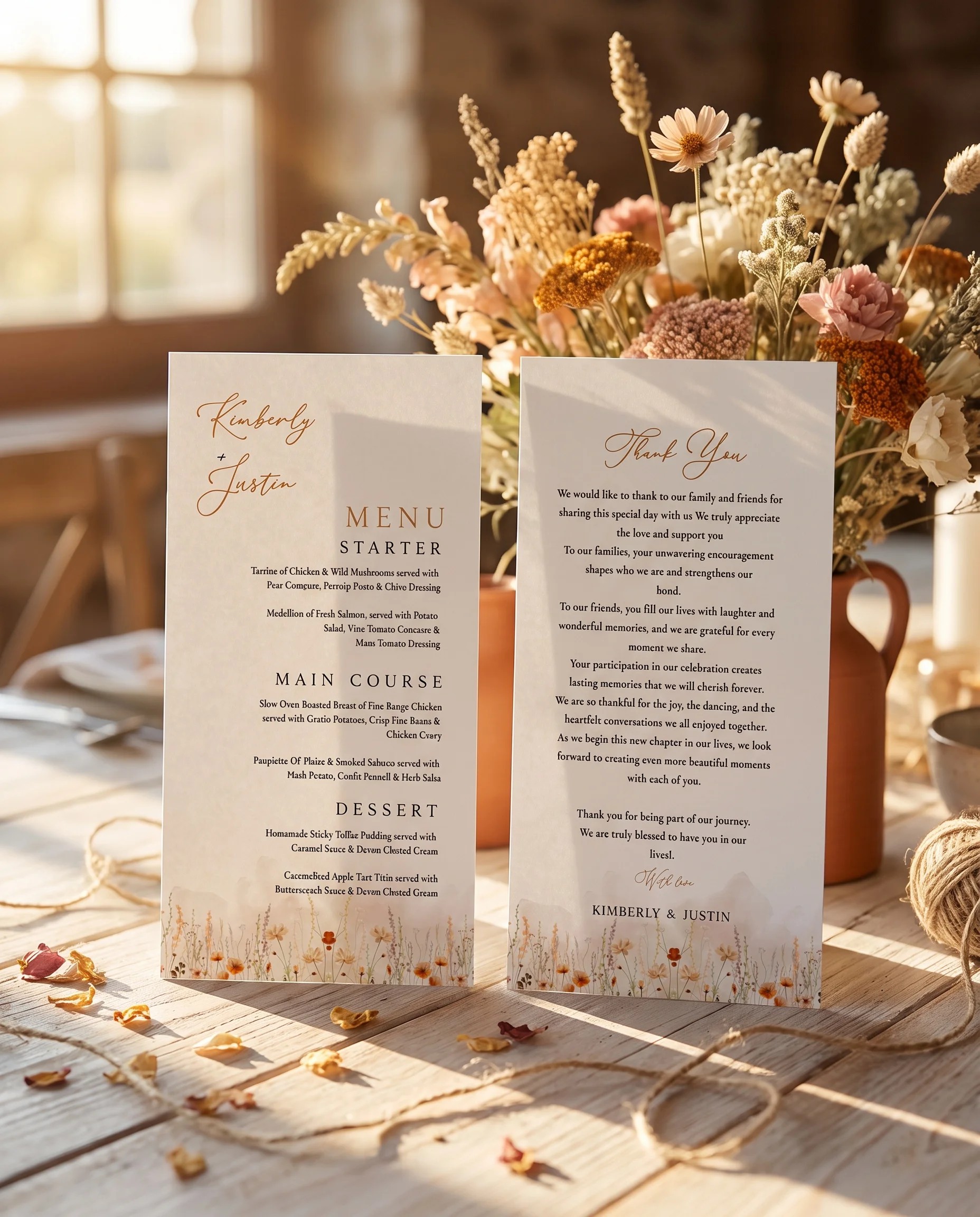Amber Meadow wedding menu — menu standing upright on a reception table under soft natural light, wedding menu template.