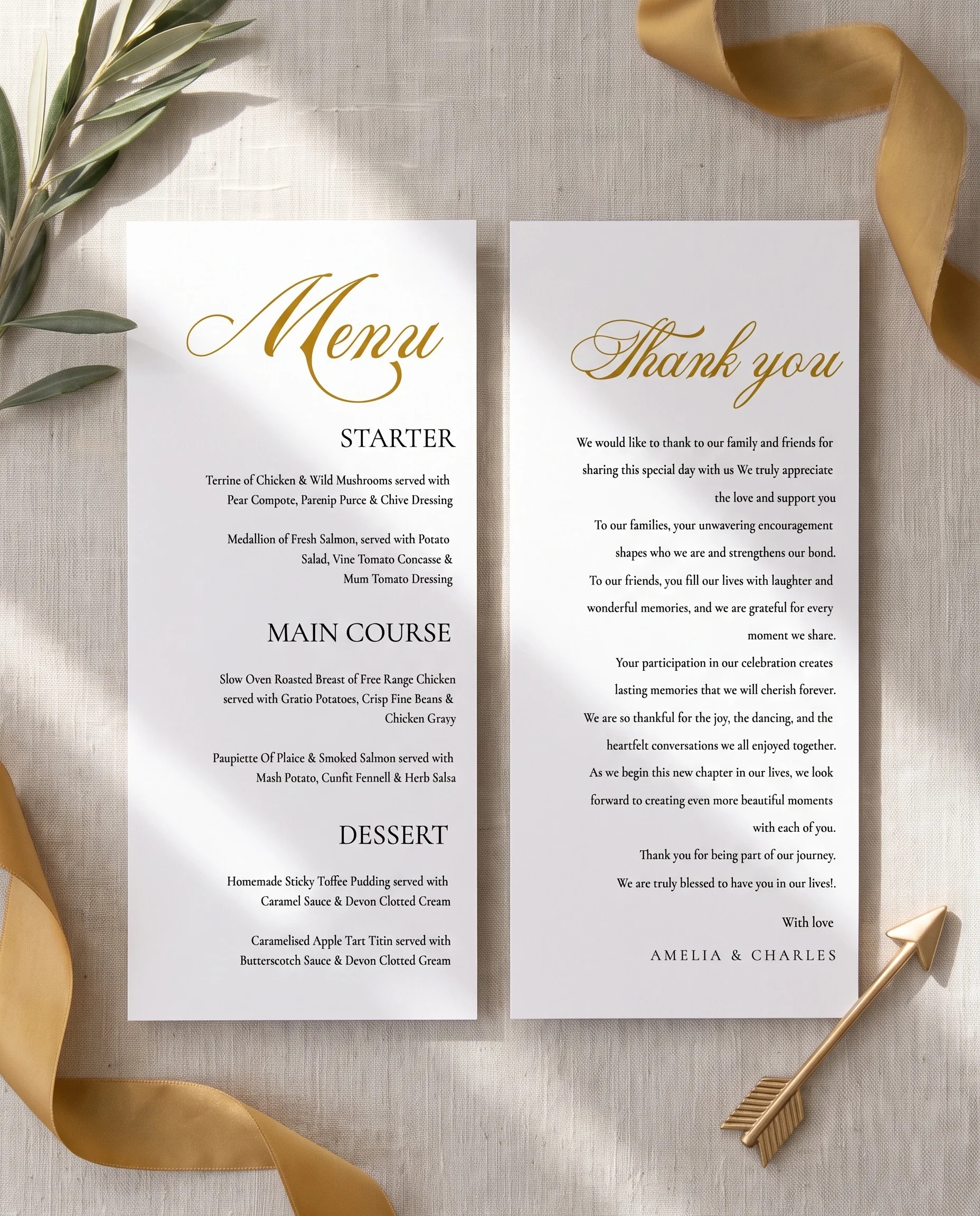 Gilded Arrow wedding menu — menu and thank you card shown flat on premium editorial paper in soft natural light, wedding menu.
