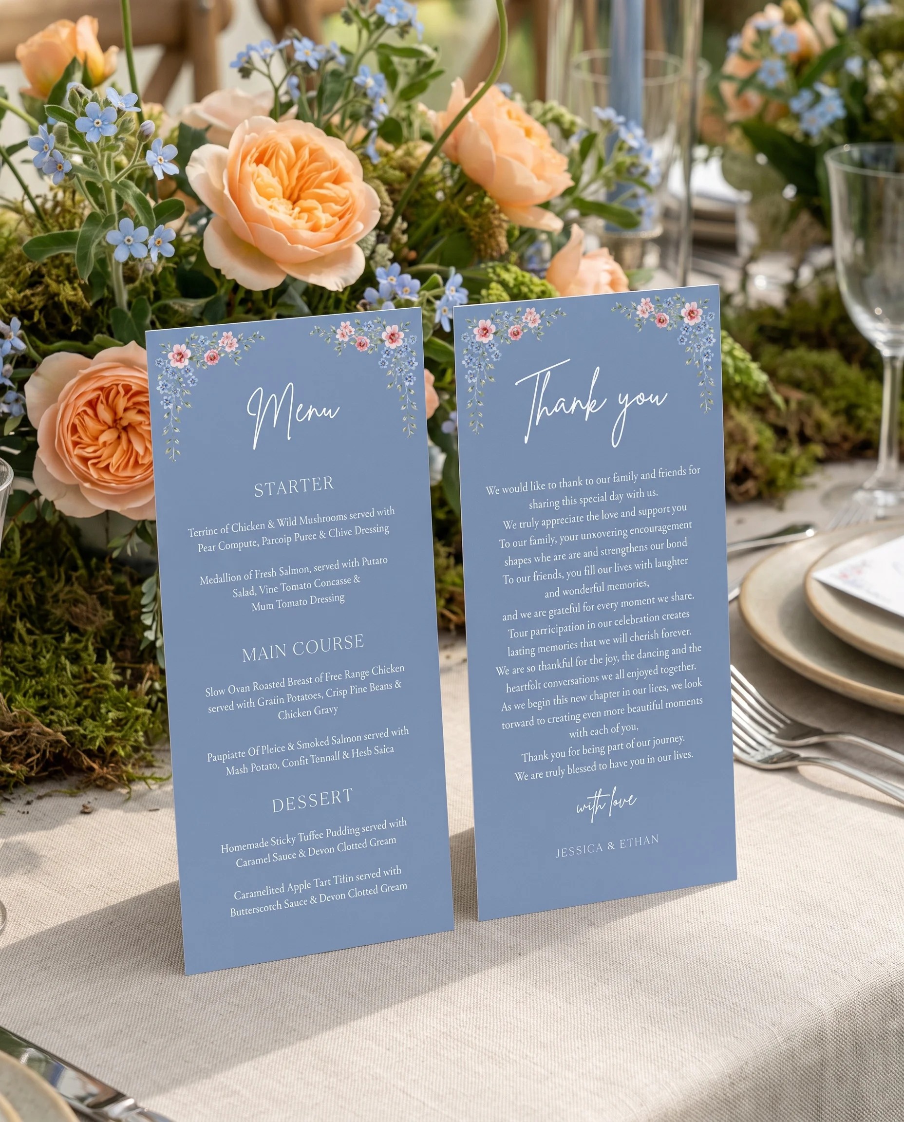 Meadow Spire wedding menu — menu and thank you card standing on a reception table at a slight overhead angle, wedding menu template.
