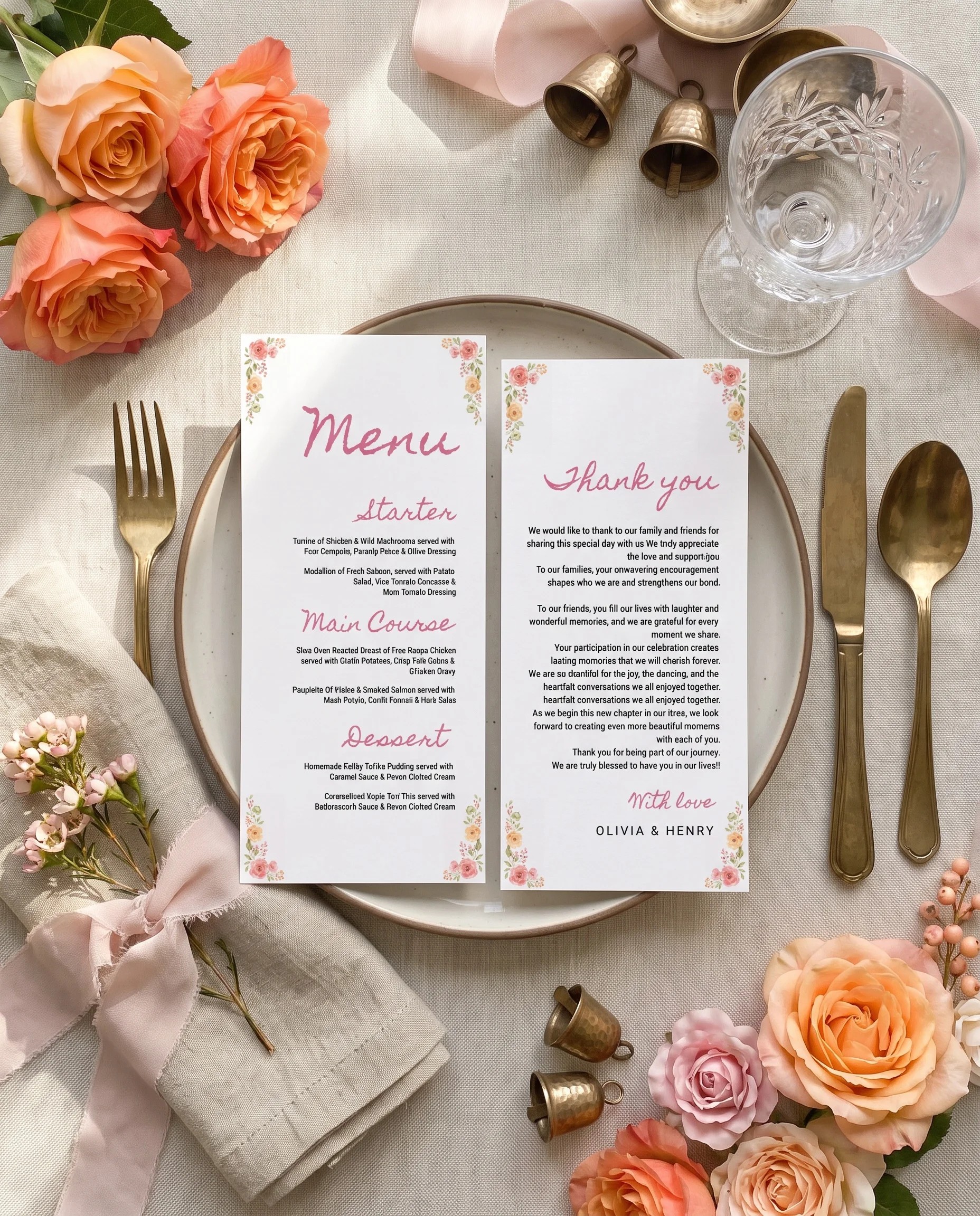 Blush Garland wedding menu — menu and thank you card on a plate at a set place setting under soft light, wedding menu cards