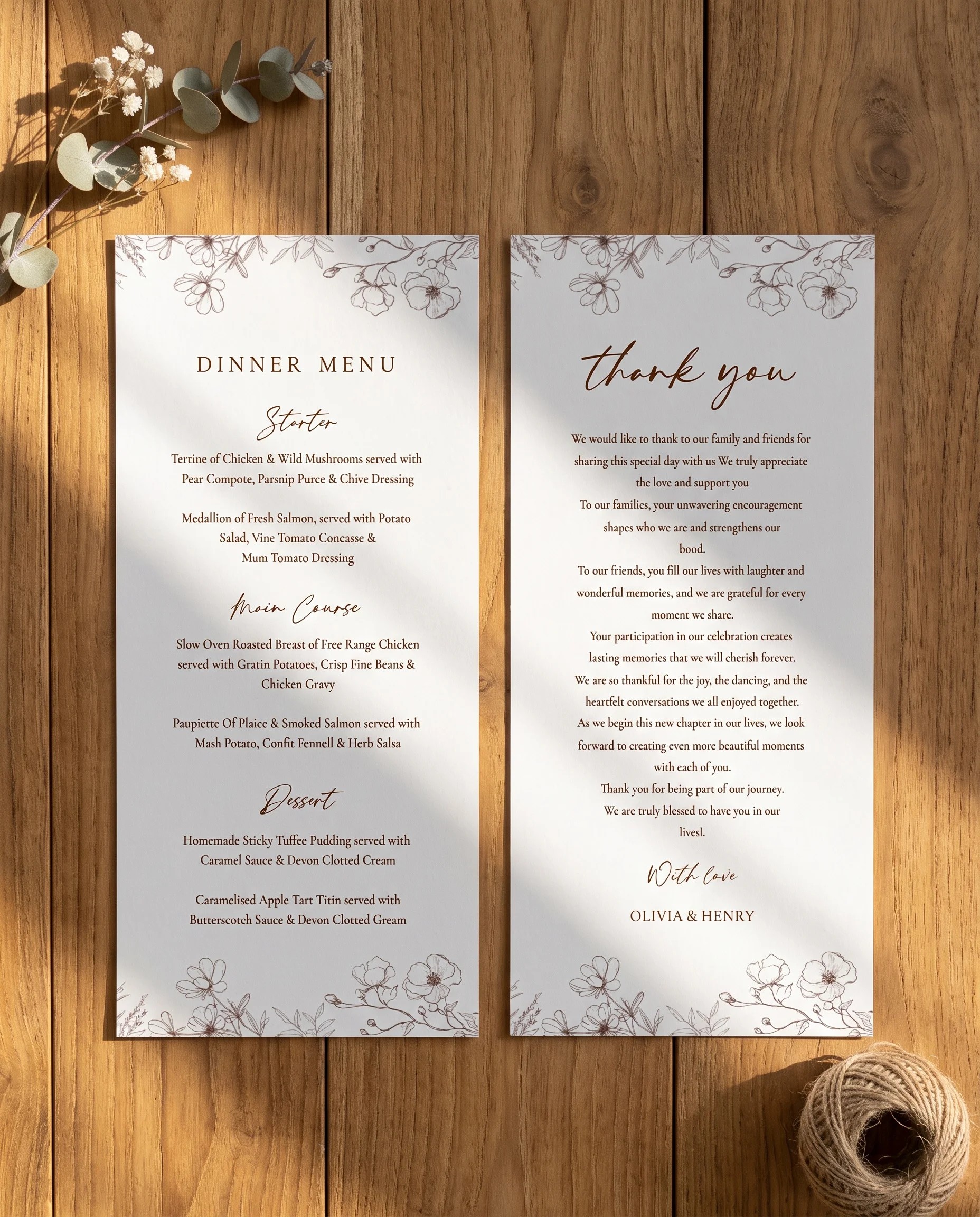 Arrow Bloom wedding menu — two-page menu shown flat on premium editorial paper under soft natural light, wedding menu