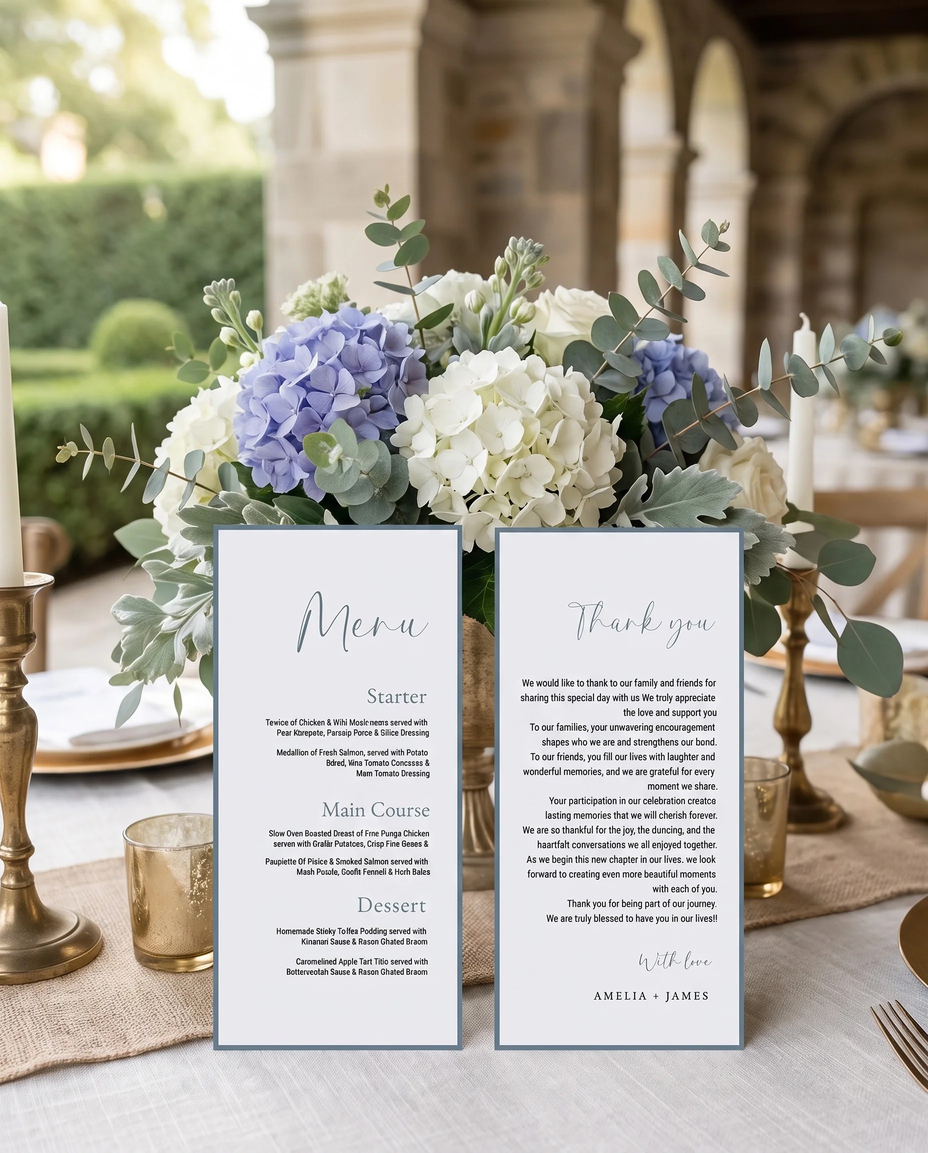 Arrow Crest wedding menu — two-page menu standing upright on a reception table, softly lit from a slight overhead angle, wedding menu template.
