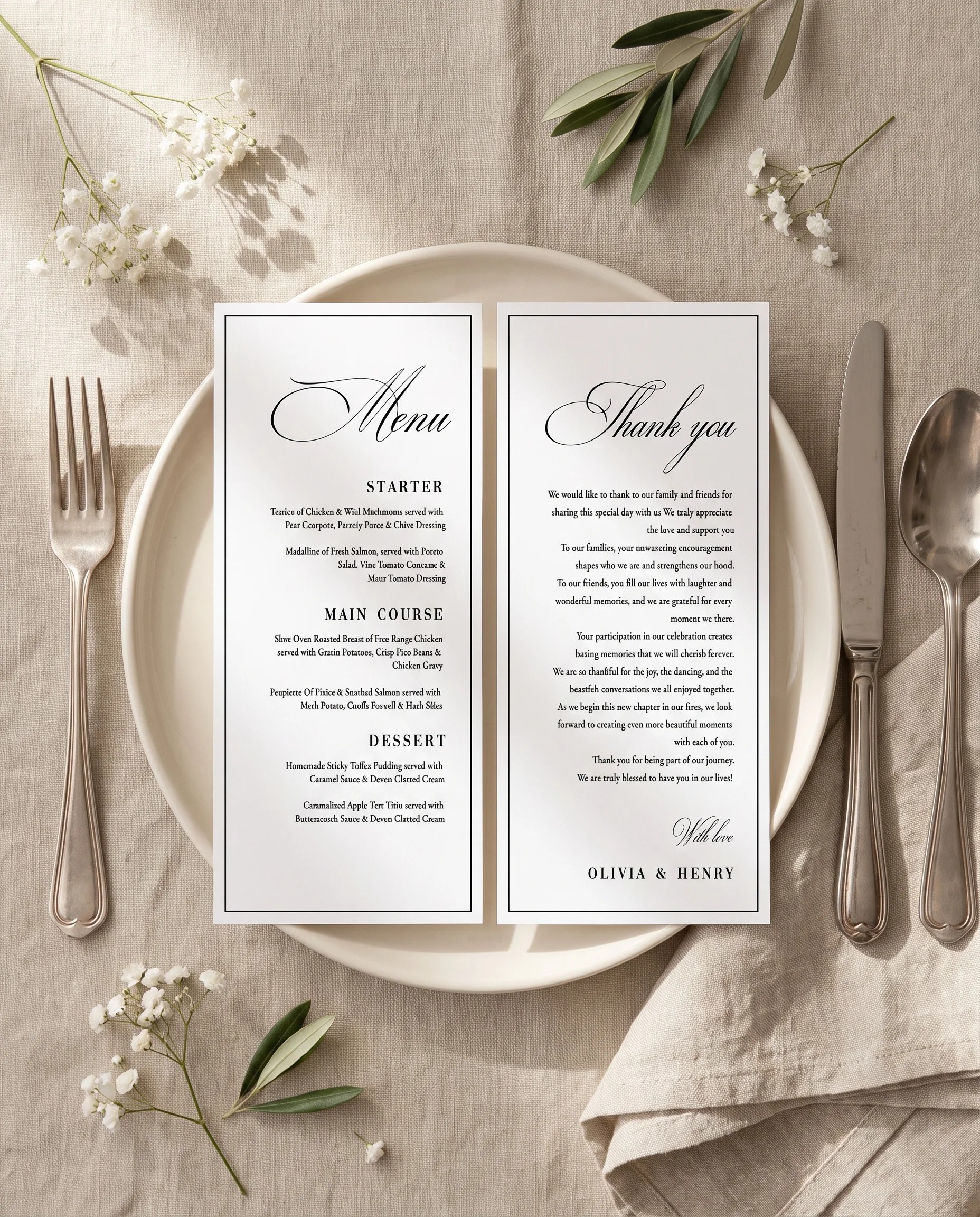 Crestline wedding menu — menu and thank you card resting on a plate at a place setting in soft natural light, wedding menu cards.