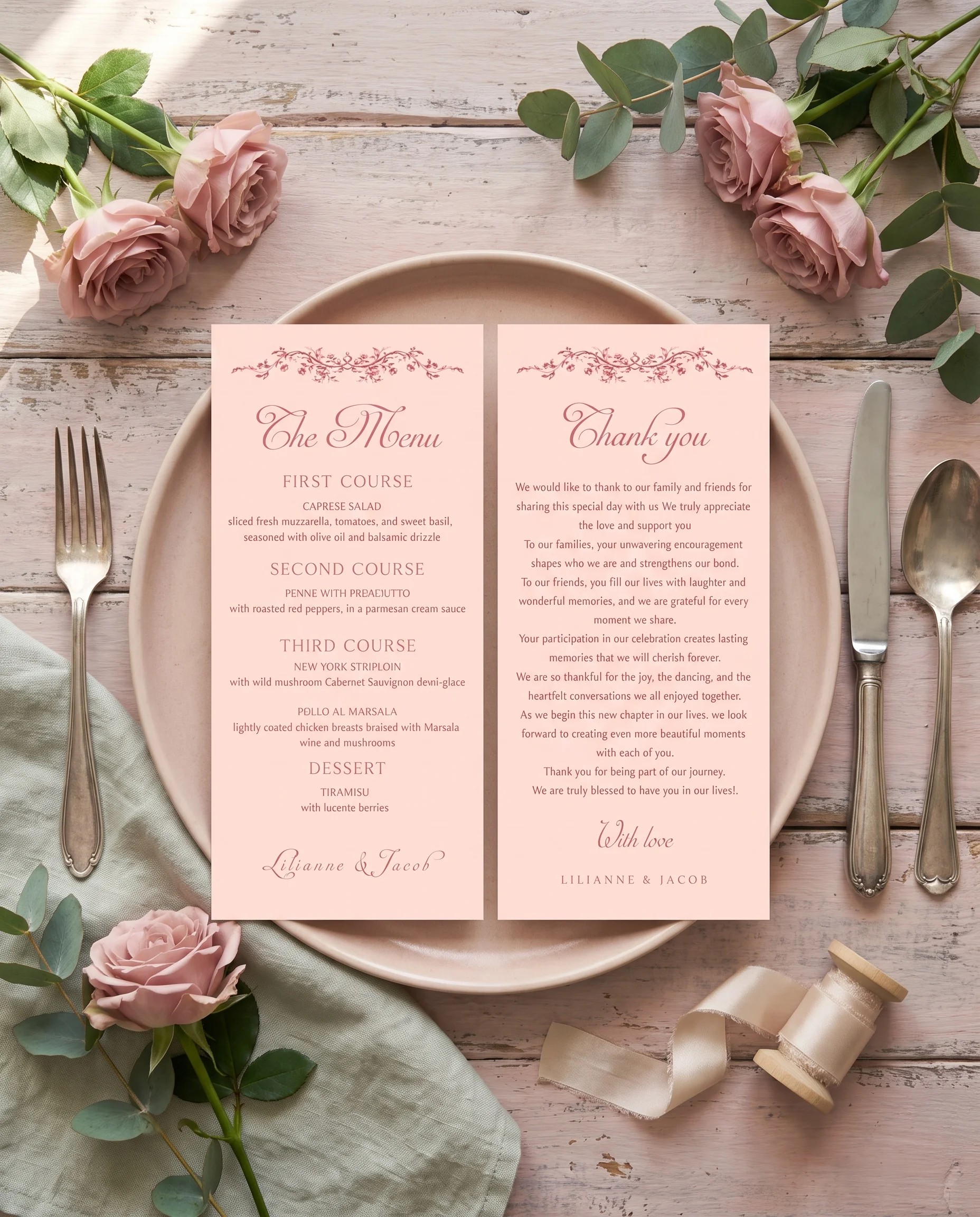 Rosewood Trellis wedding menu — menu and thank you card on a plate at a set place setting, wedding menu cards.