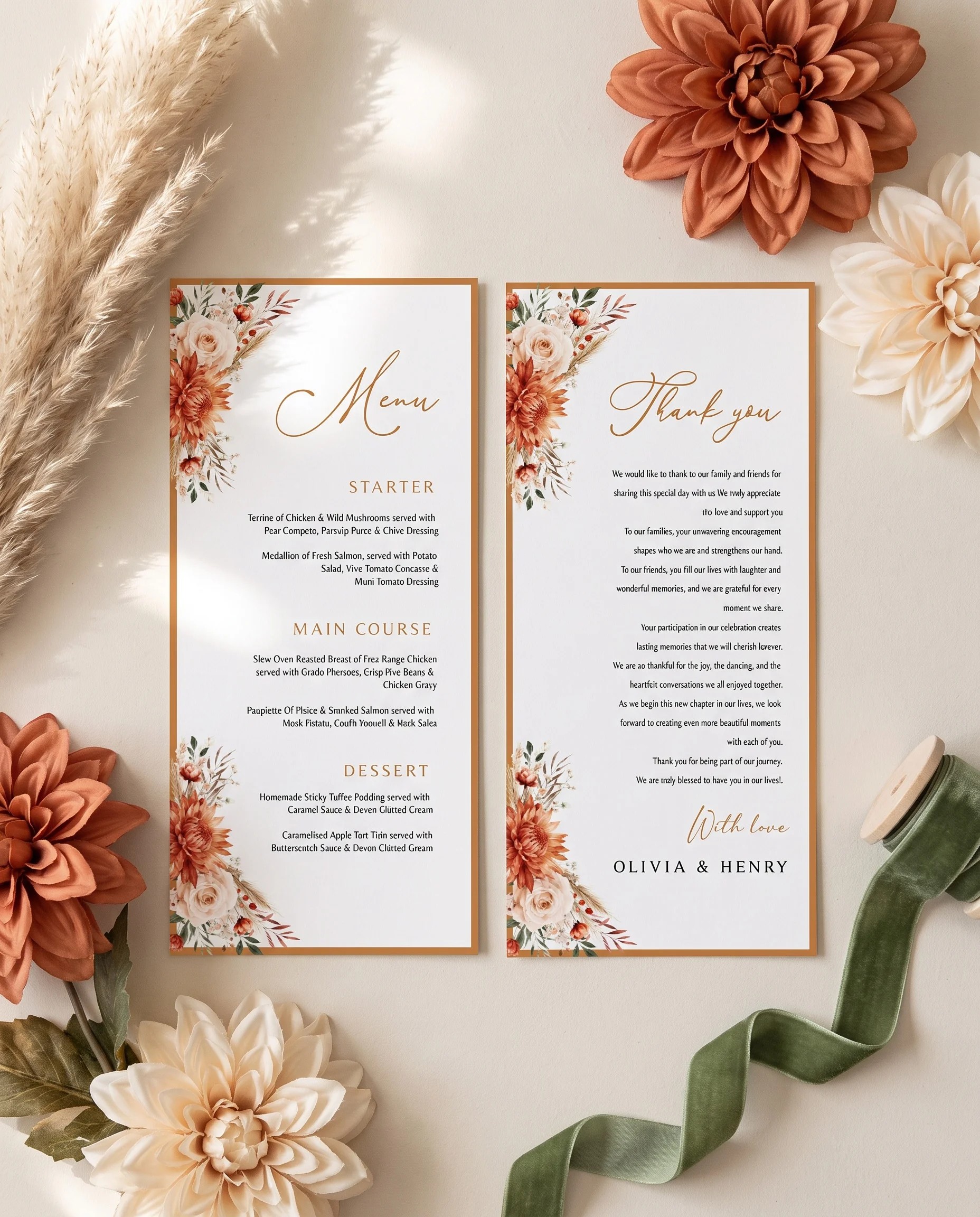 Marigold wedding menu — two menu pages arranged flat on premium paper under soft natural light, wedding menu.
