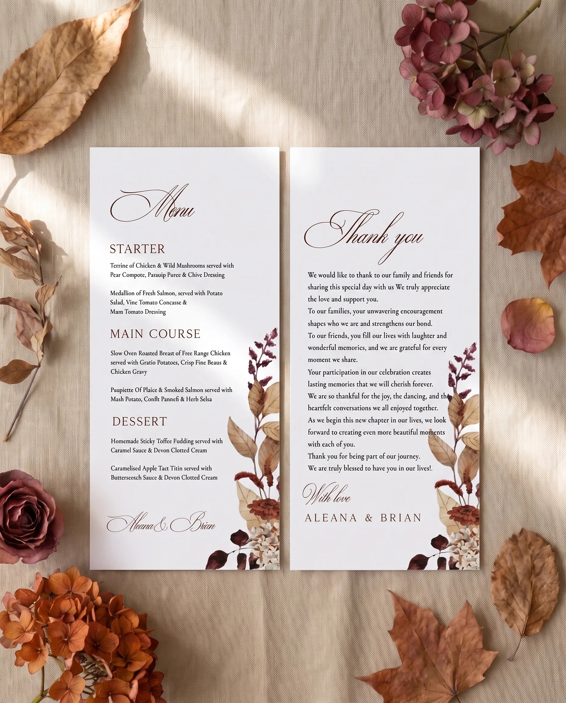 Bramble Row wedding menu — two menu pages shown flat under soft natural light with a slight overhead angle, wedding menu.