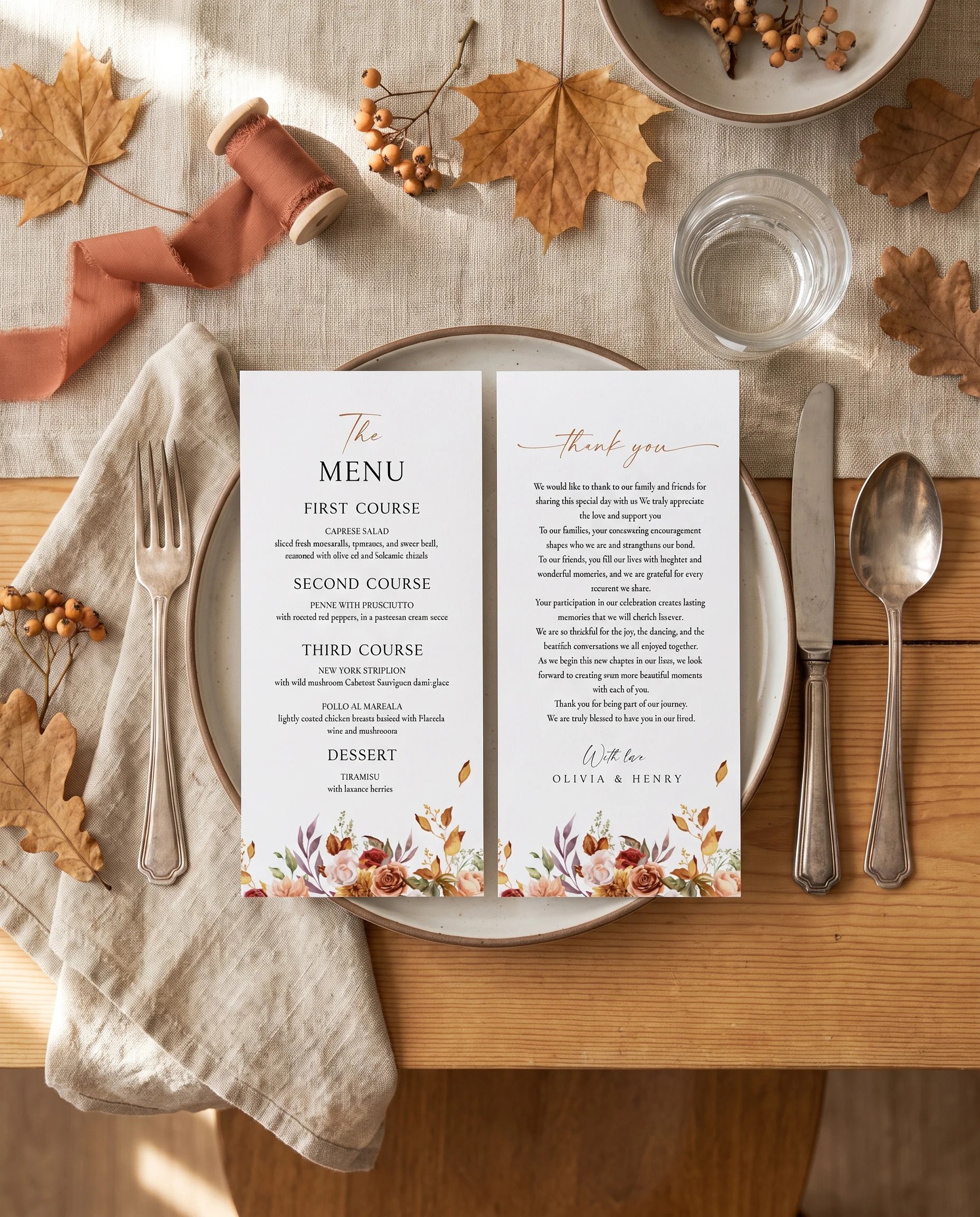Autumn Bloom wedding menu — displayed on a plate at a set table under soft natural light, wedding menu cards.
