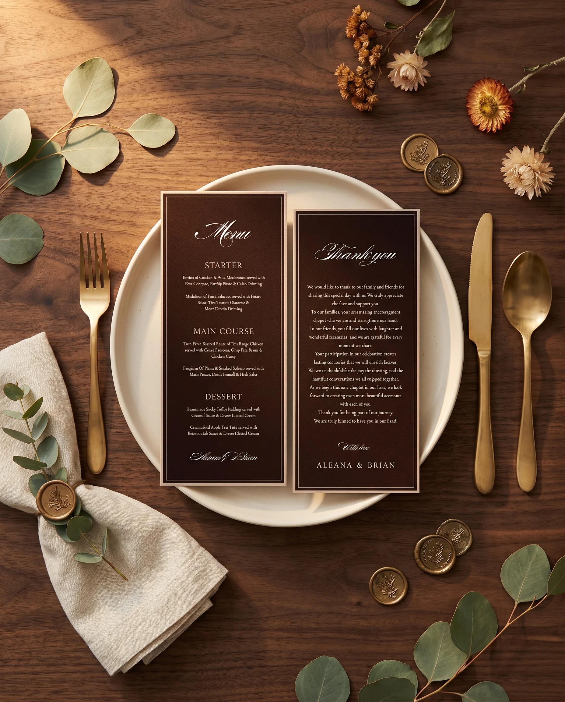 Velour wedding menu — menu and thank you card on a plate at a place setting, soft natural light, wedding menu cards