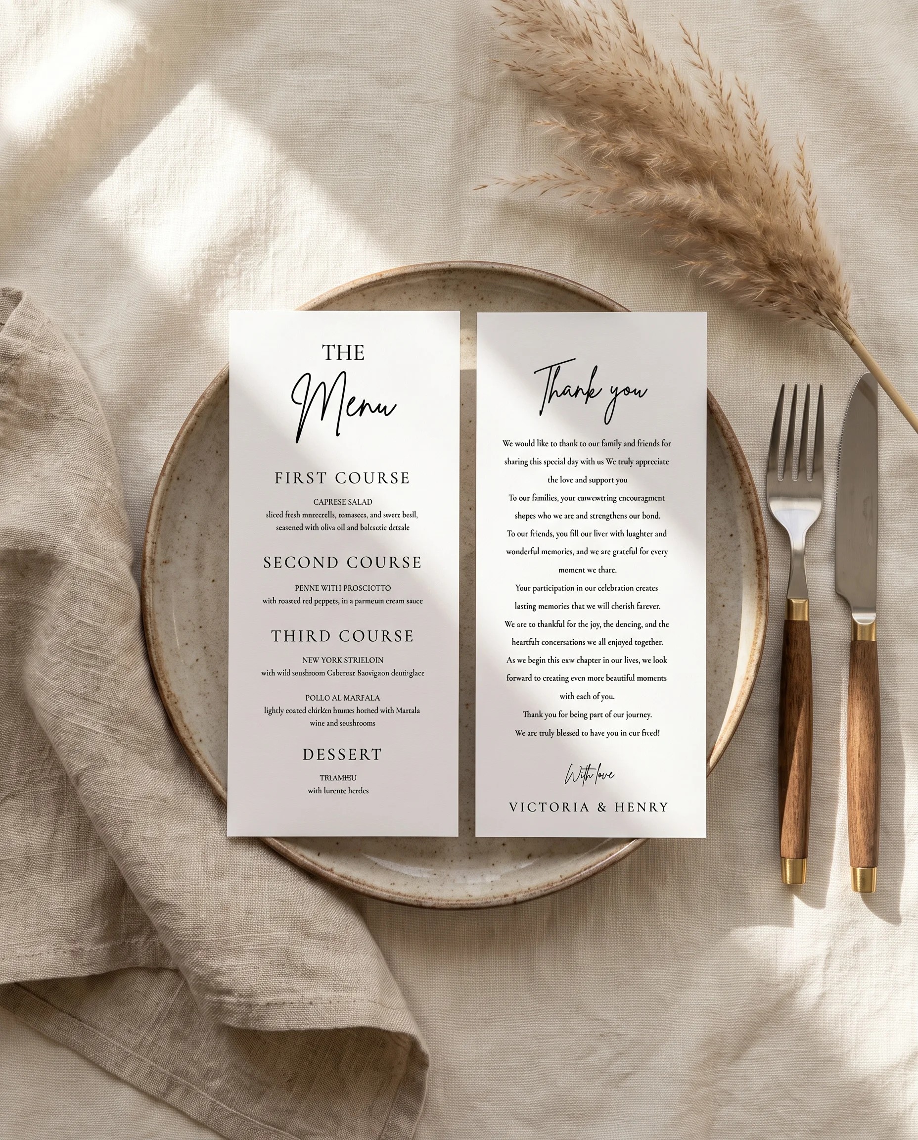 Arrowcrest wedding menu — menu and thank you card on a plate at a set place setting in soft light, wedding menu cards.