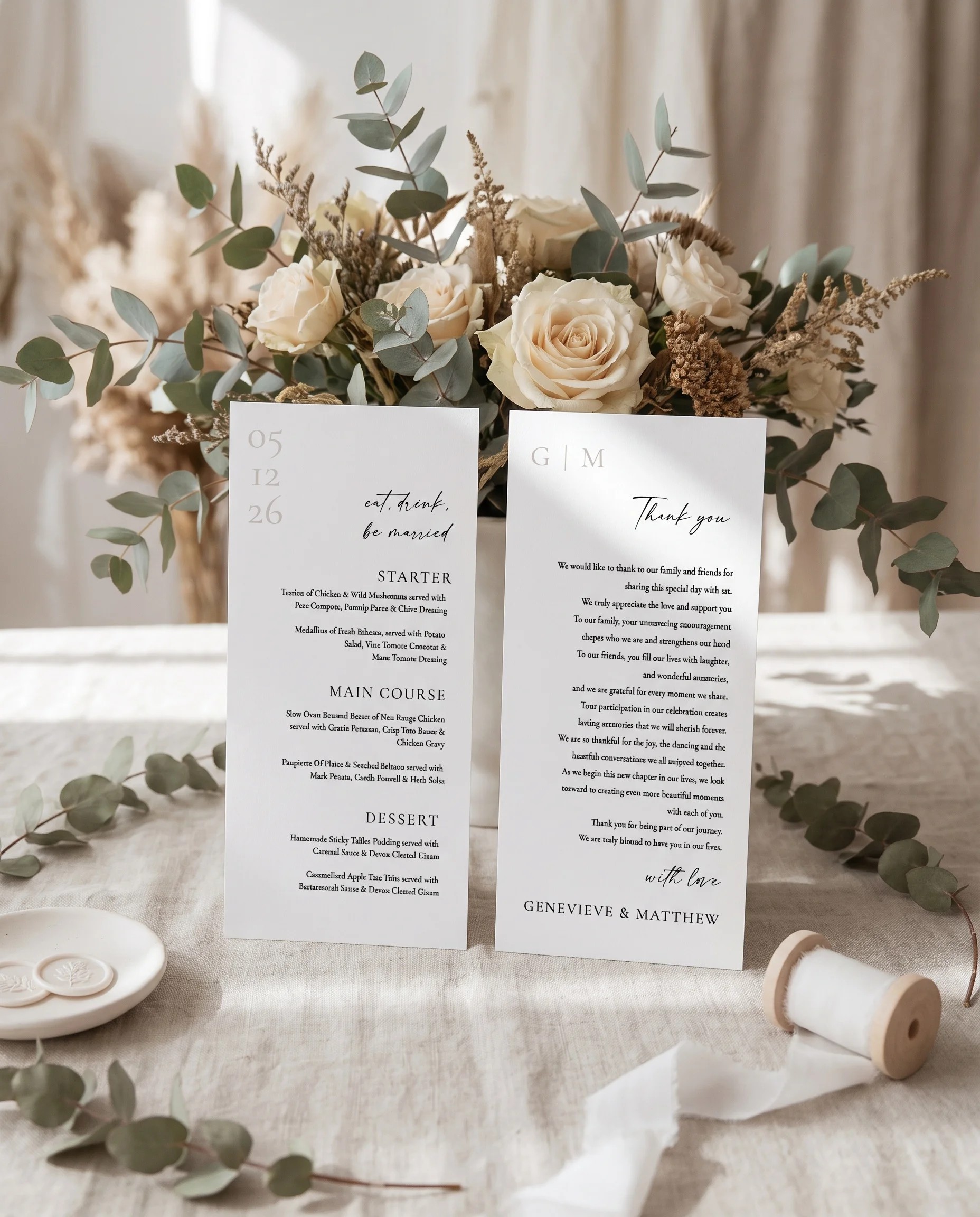 Arcadia wedding menu — two pages standing upright on a reception table at a slight overhead angle, wedding menu template.