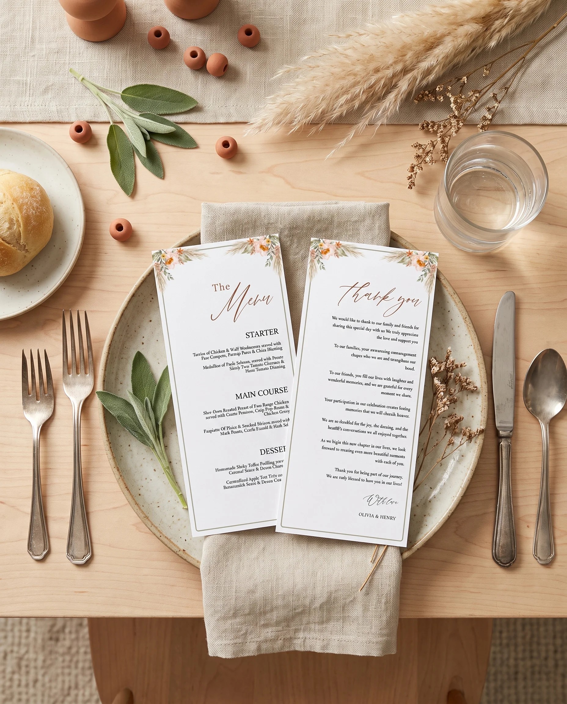 Prairie Fern wedding menu — menu card resting on a plate at a set place setting under soft natural light, wedding menu cards.