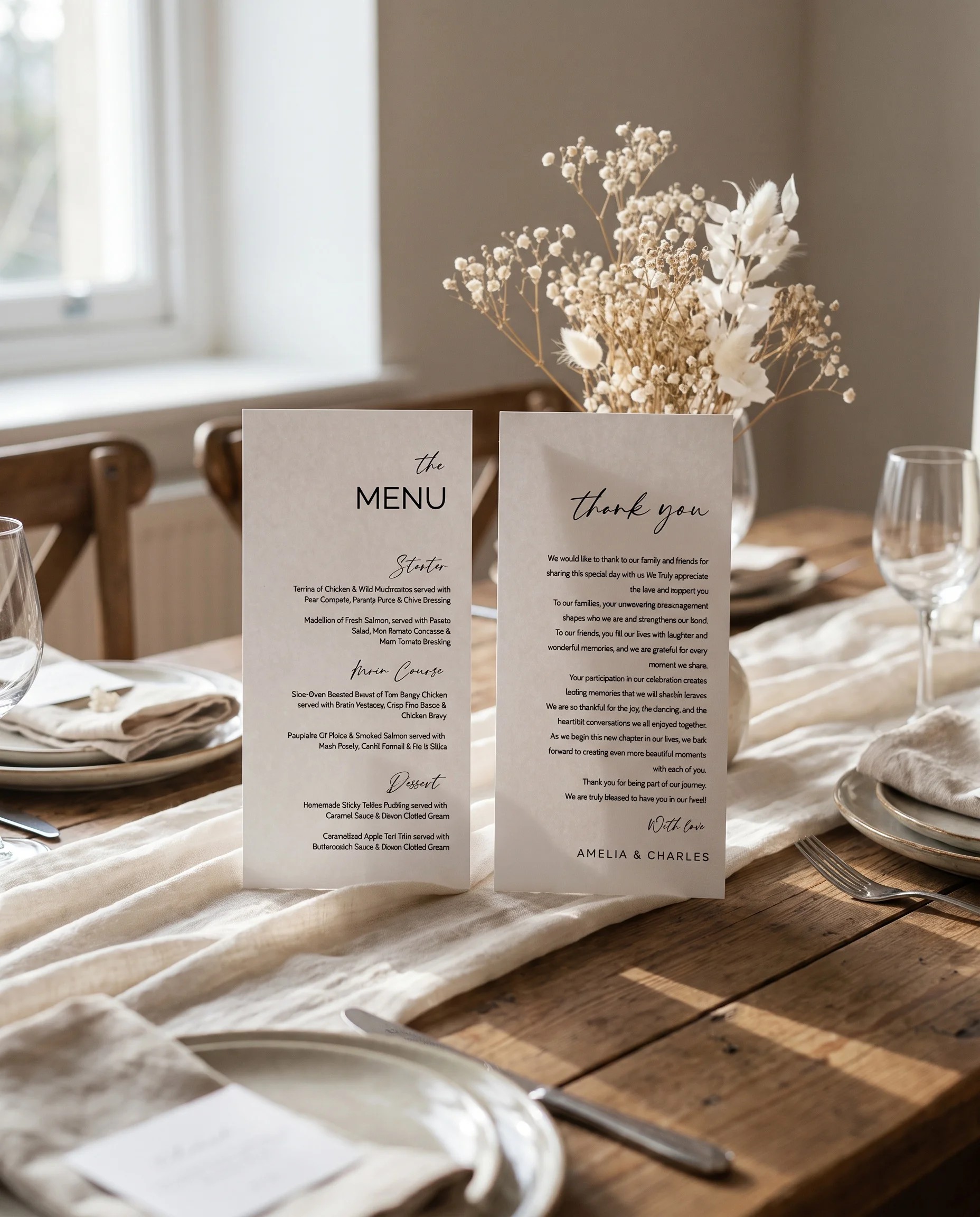 Cathedral wedding menu — menu standing upright on a reception table under soft natural light, wedding menu template.