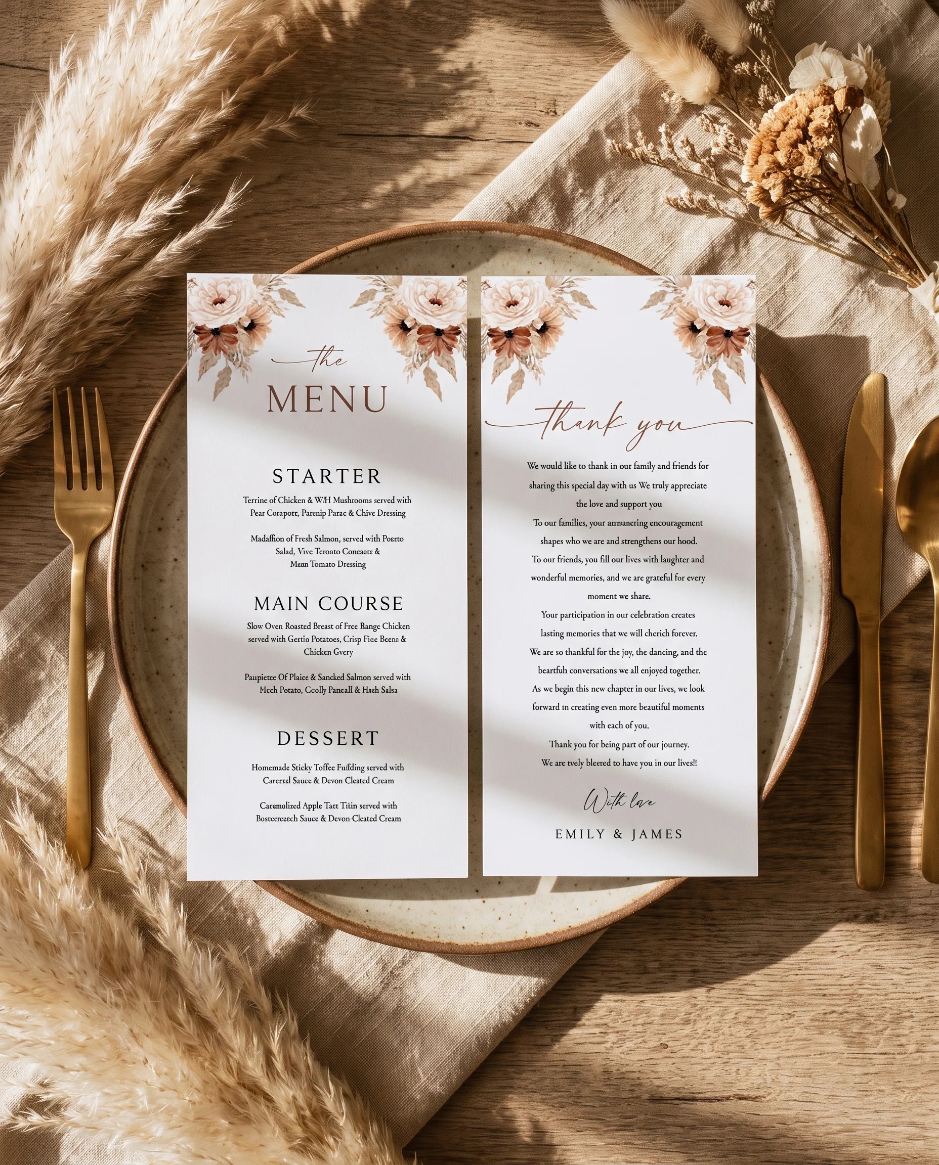 Pampas Bloom wedding menu — menu and thank you card resting on a plate at a set place setting, wedding menu cards.