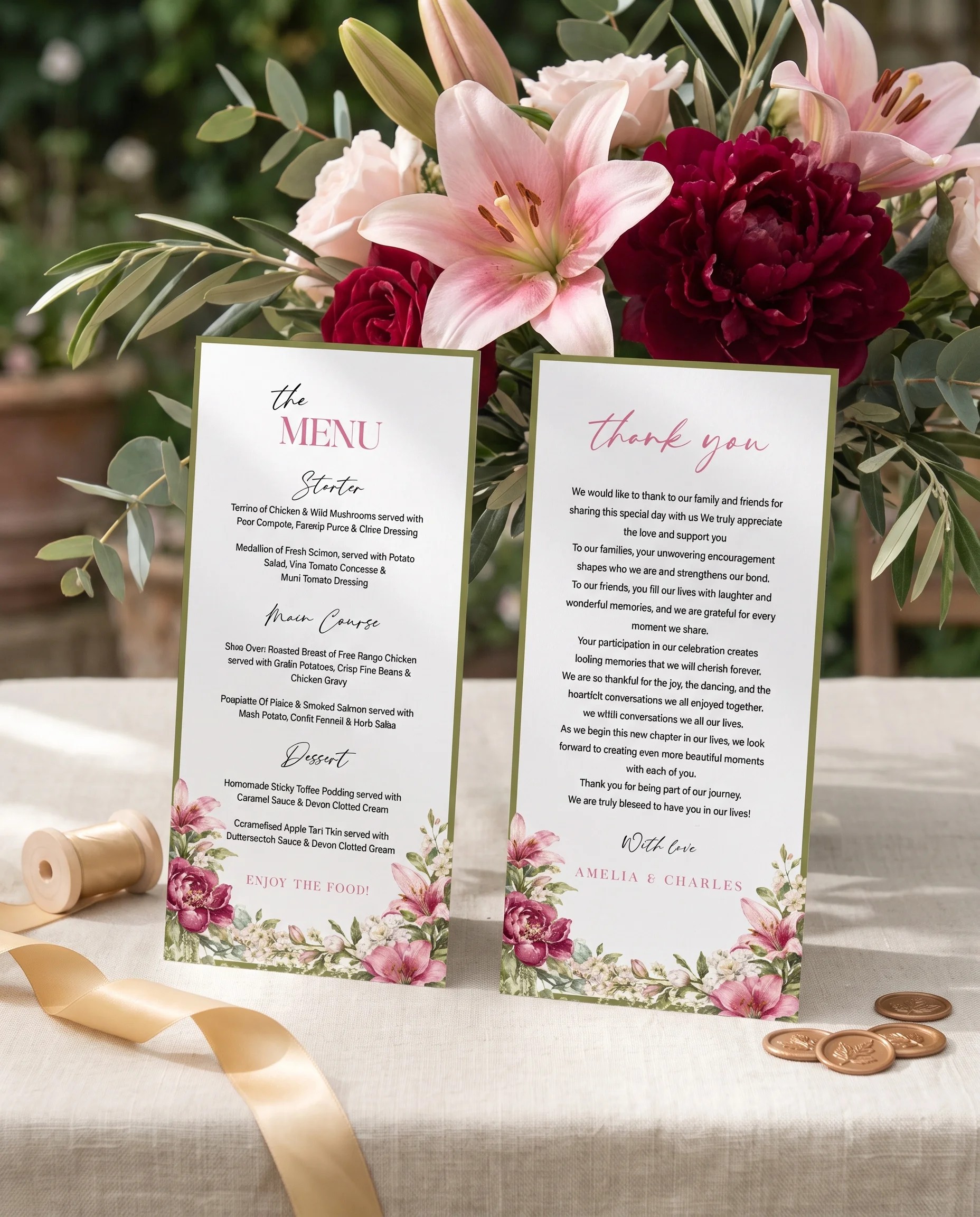 Rosevale wedding menu — menu standing upright on a reception table under soft natural light, wedding menu template.