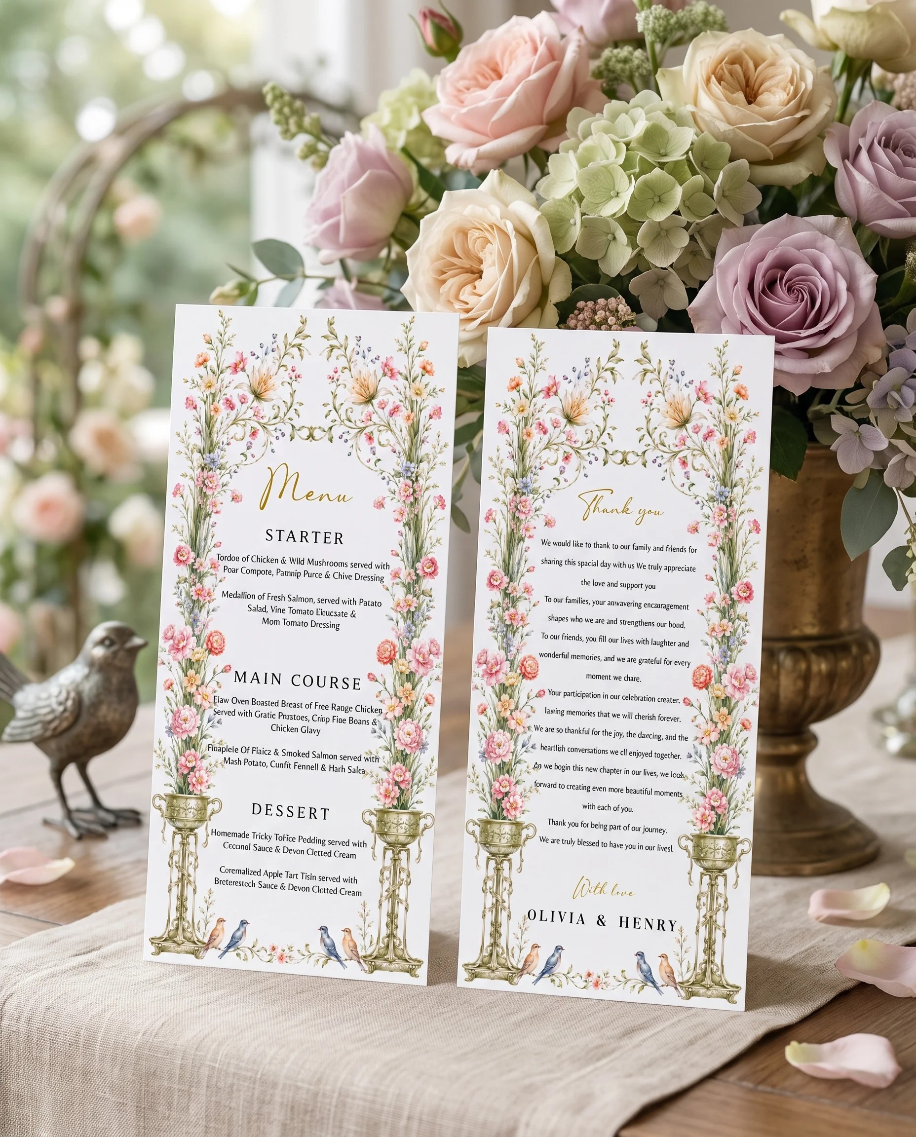 Petal Arbor wedding menu — two pages standing upright on a reception table under soft natural light, wedding menu template.