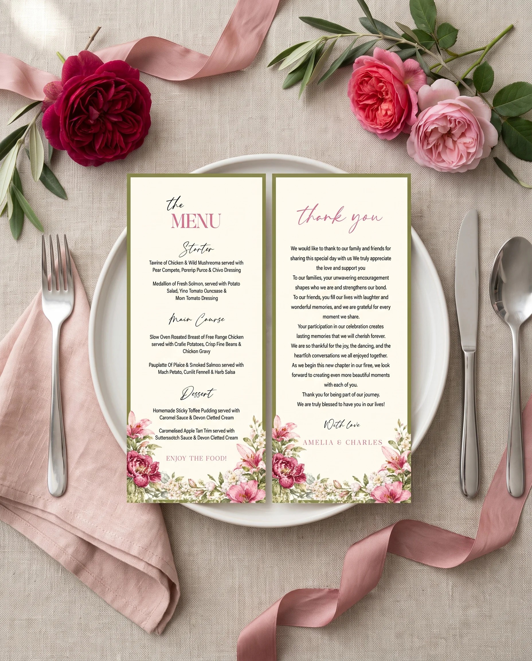 Rosevale wedding menu — menu and thank you card on a plate at a set place setting, wedding menu cards