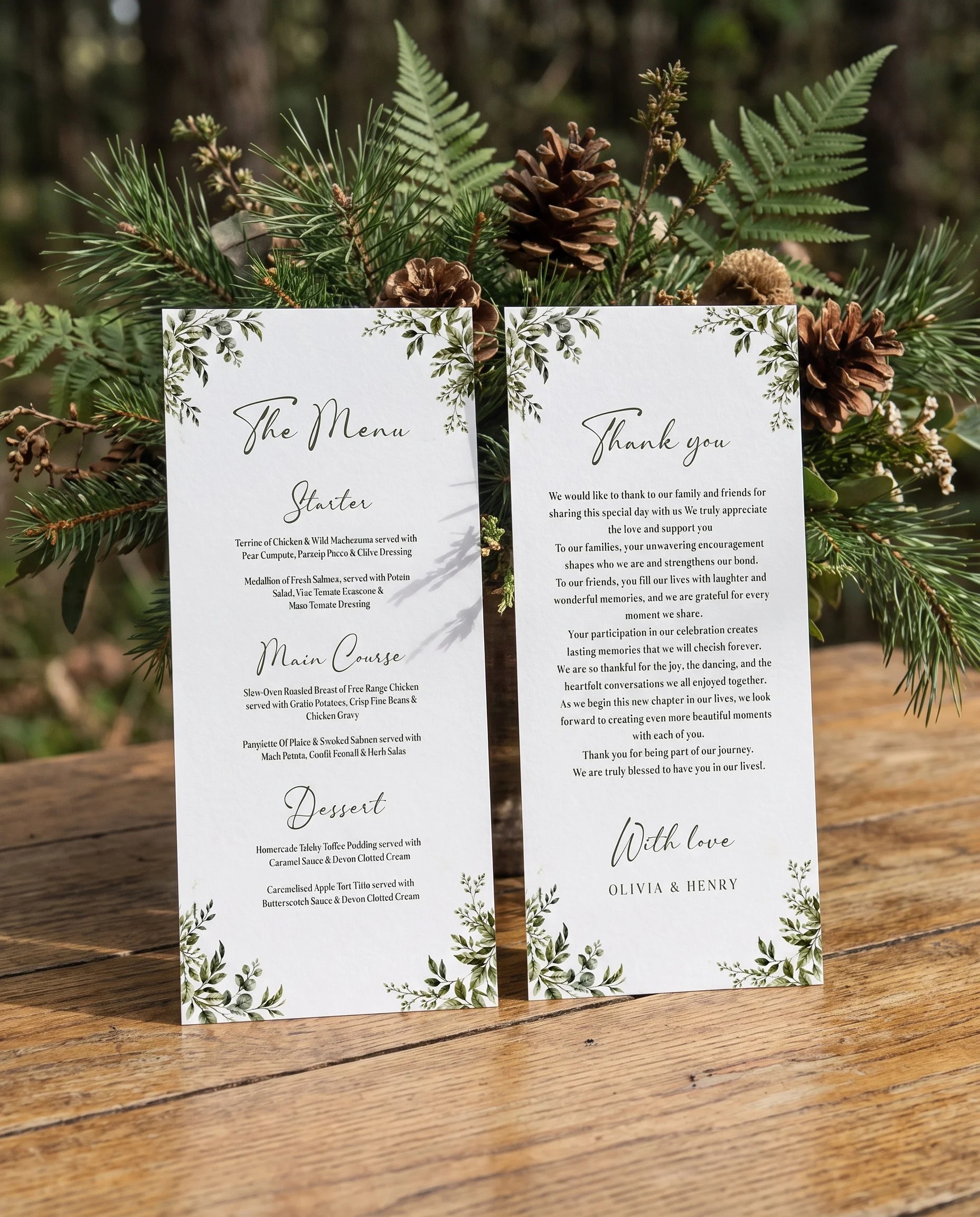 Canopy Grove wedding menu — two-page menu standing upright on a reception table in soft natural light, wedding menu template.