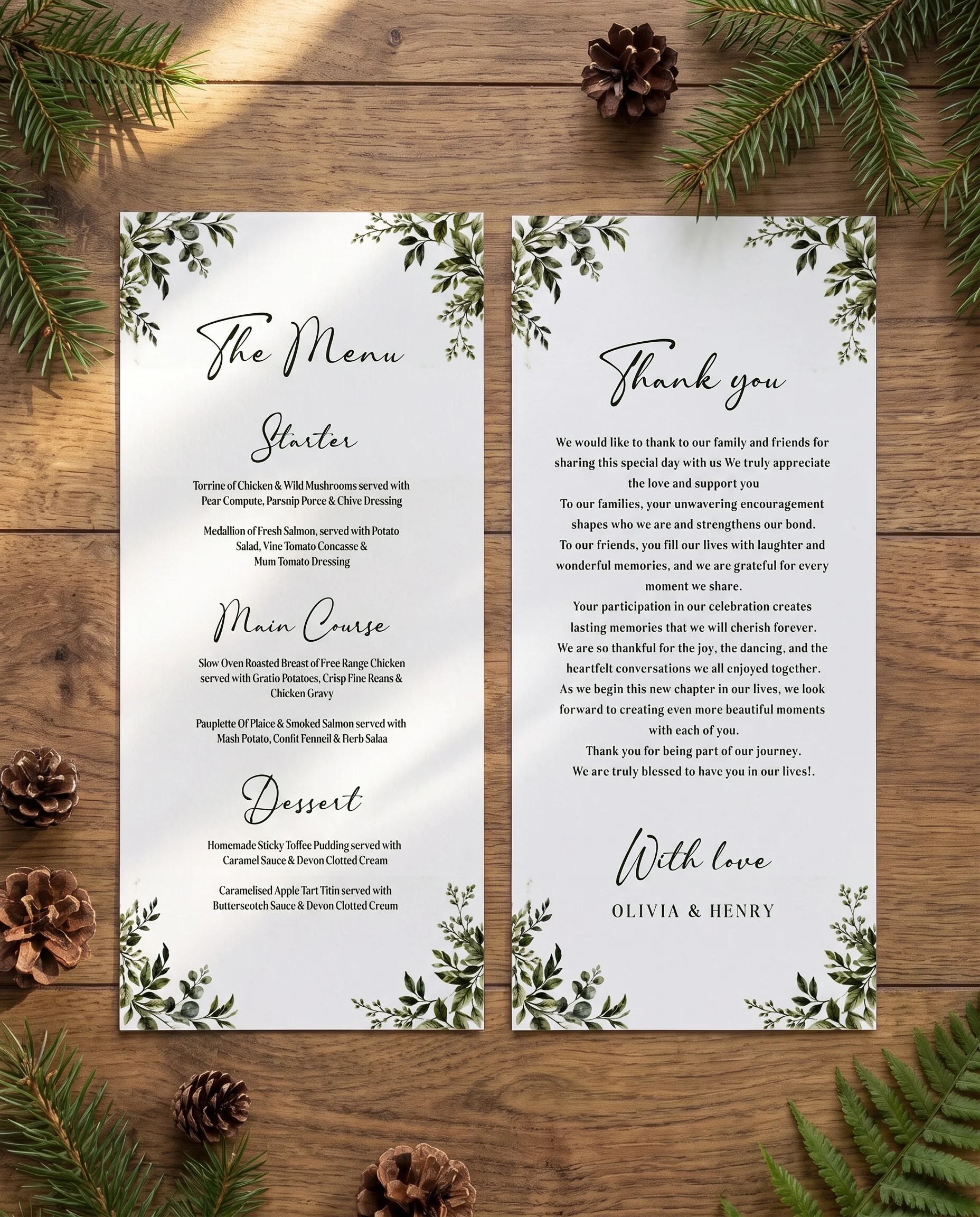Canopy Grove wedding menu — menu and thank you card shown flat under soft natural light with a slight overhead angle, wedding menu