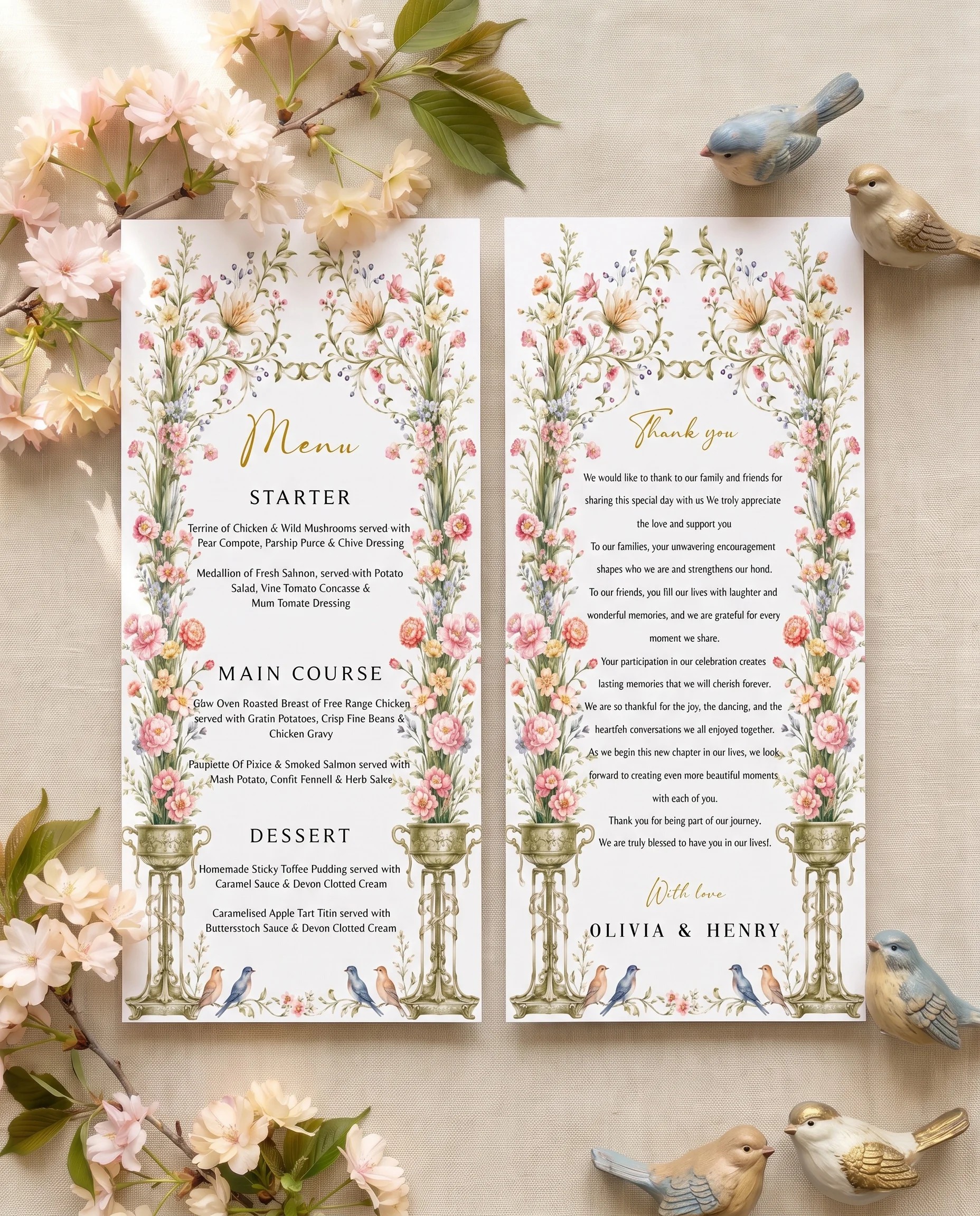 Petal Arbor wedding menu — two menu pages shown flat under soft natural light with a slight overhead angle, wedding menu.