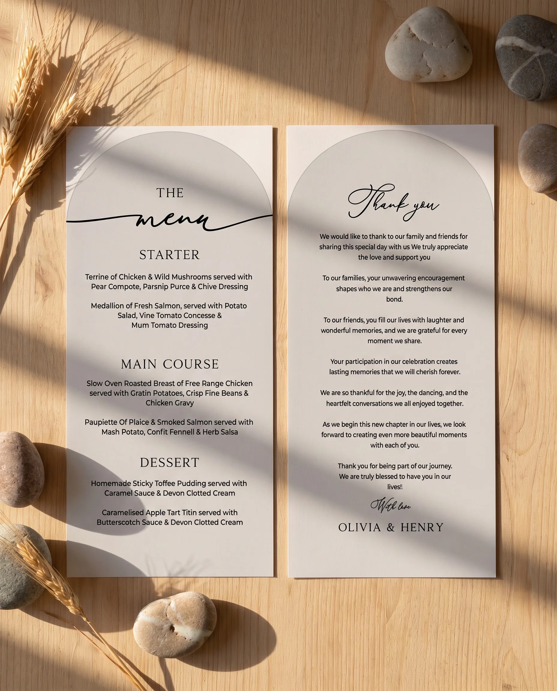 Halo Arch wedding menu — two menu pages laid flat on premium paper under soft natural light, wedding menu.