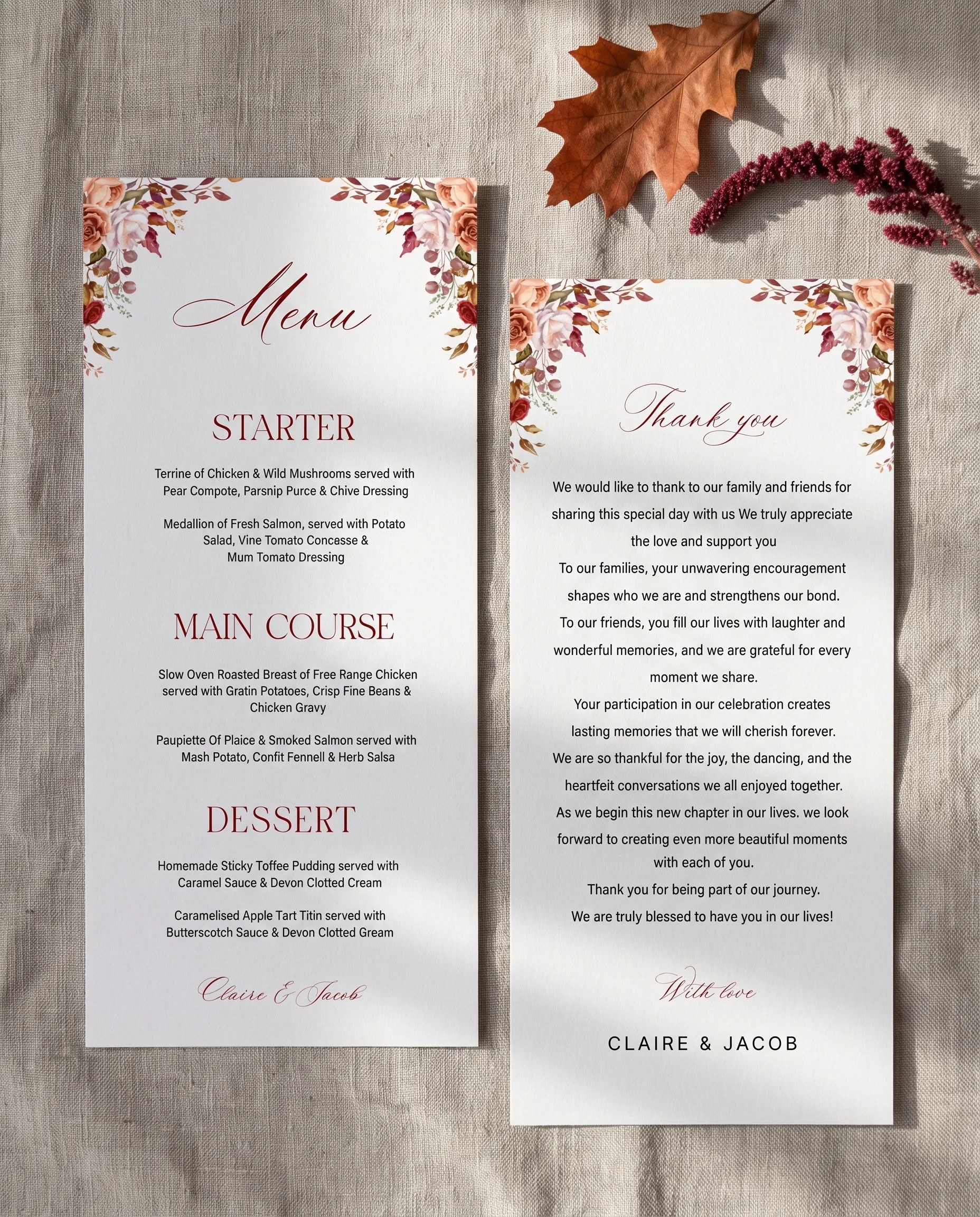 Autumn Blush wedding menu — two menu pages laid flat under soft natural light with a slight overhead angle, wedding menu