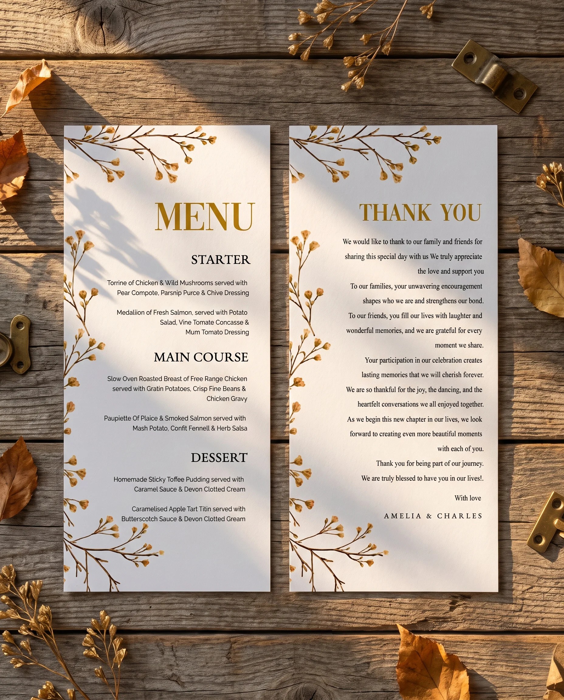 Golden Vine wedding menu — two menu pages shown flat under soft natural light with a slight overhead angle, wedding menu.