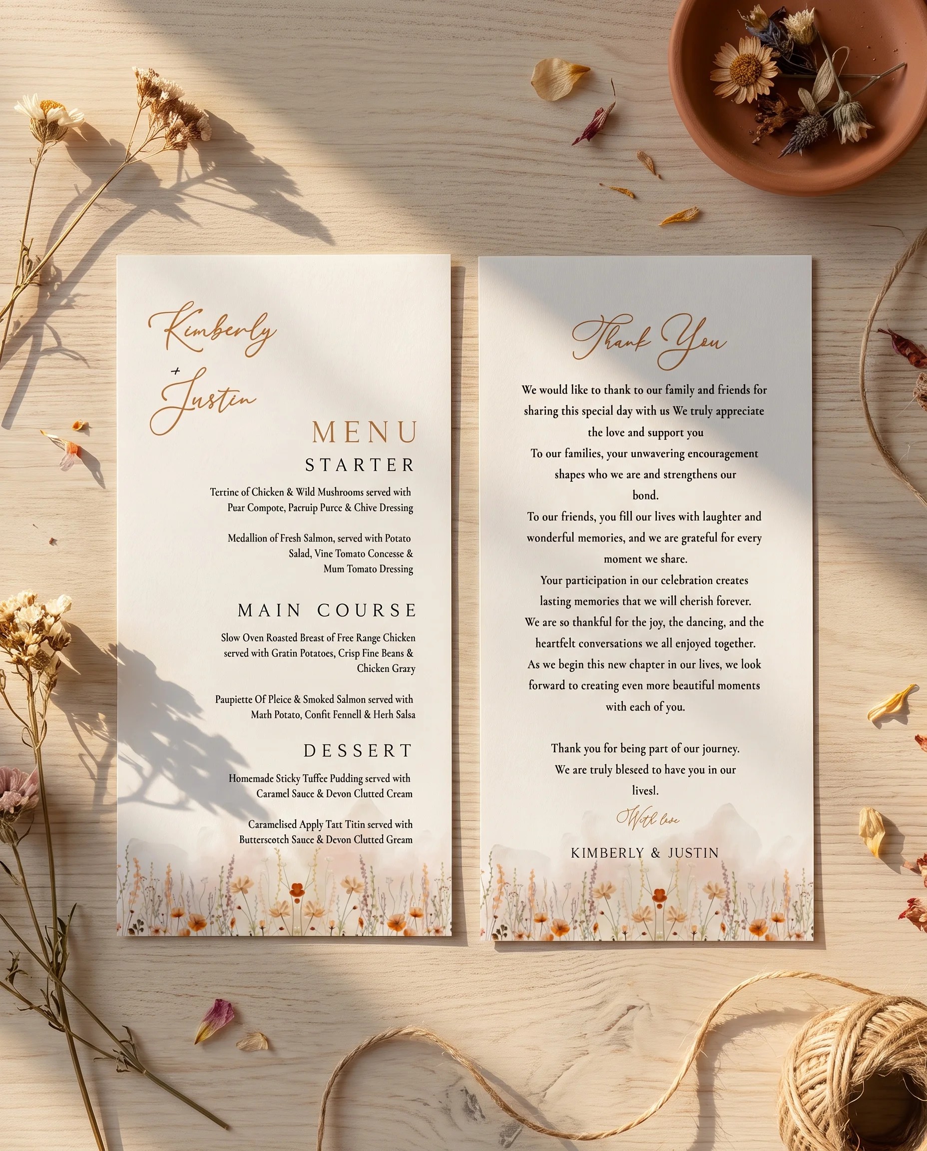 Amber Meadow wedding menu — two menu pages laid flat under soft natural light with a slight overhead angle, wedding menu.