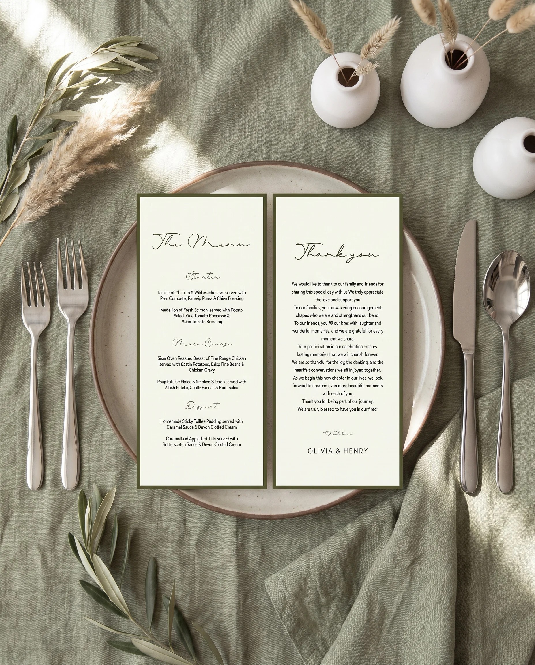 Manor wedding menu — menu and thank you card resting on a plate at a set place setting, wedding menu cards