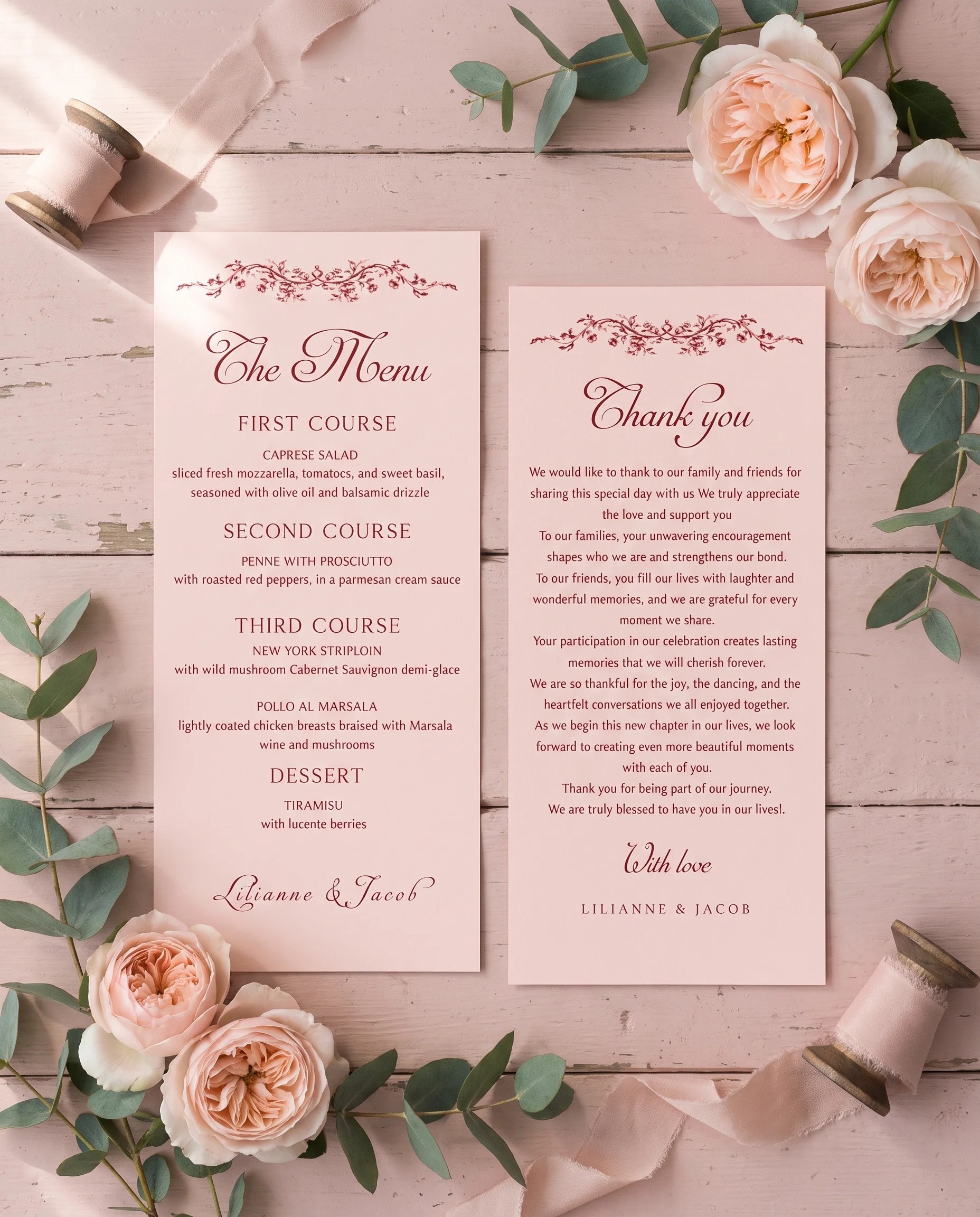Rosewood Trellis wedding menu — two menu pages shown flat under soft overhead light on premium paper, wedding menu.