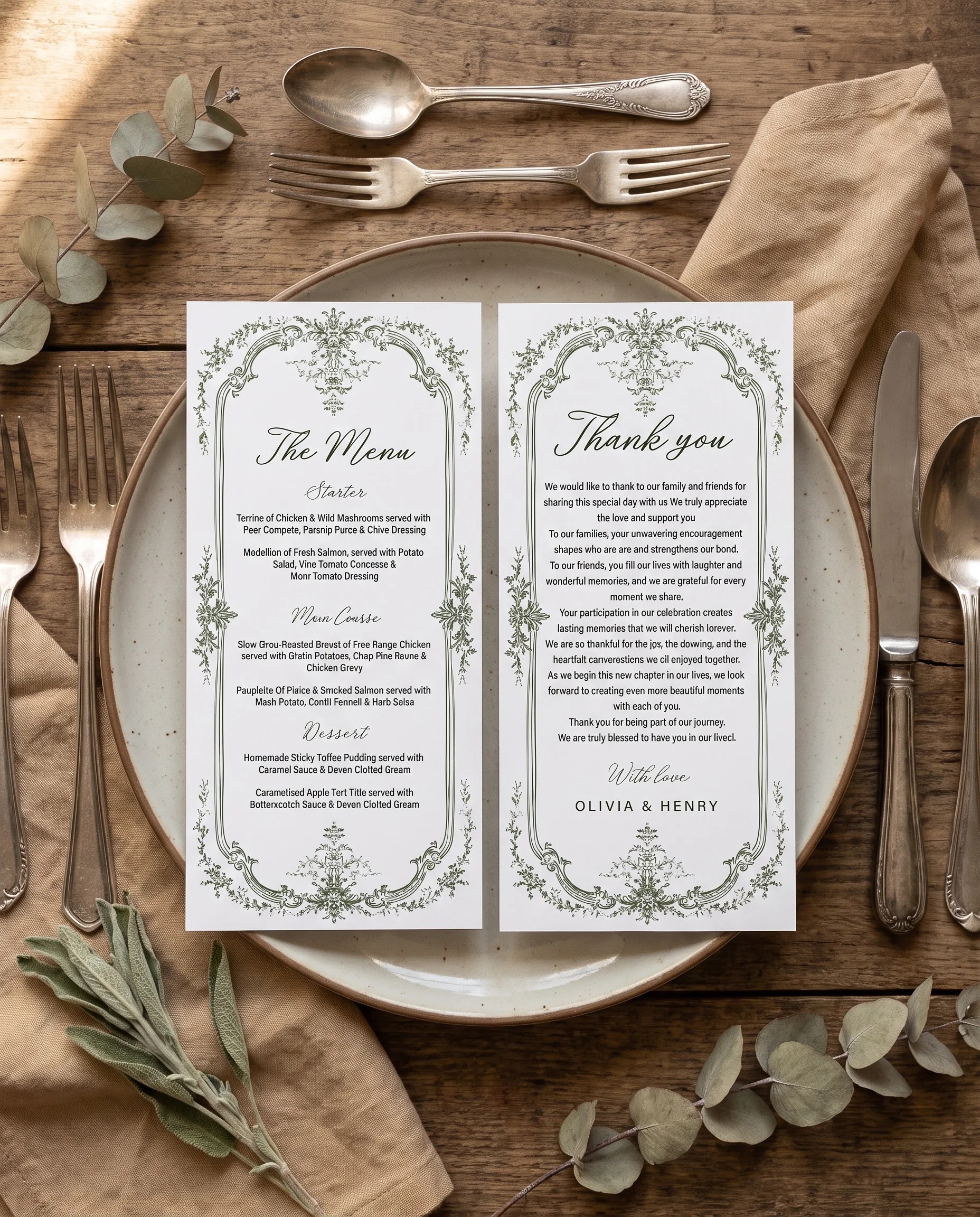 Sage Crest wedding menu — sage green menu and thank you card resting on a plate at a place setting, wedding menu cards.