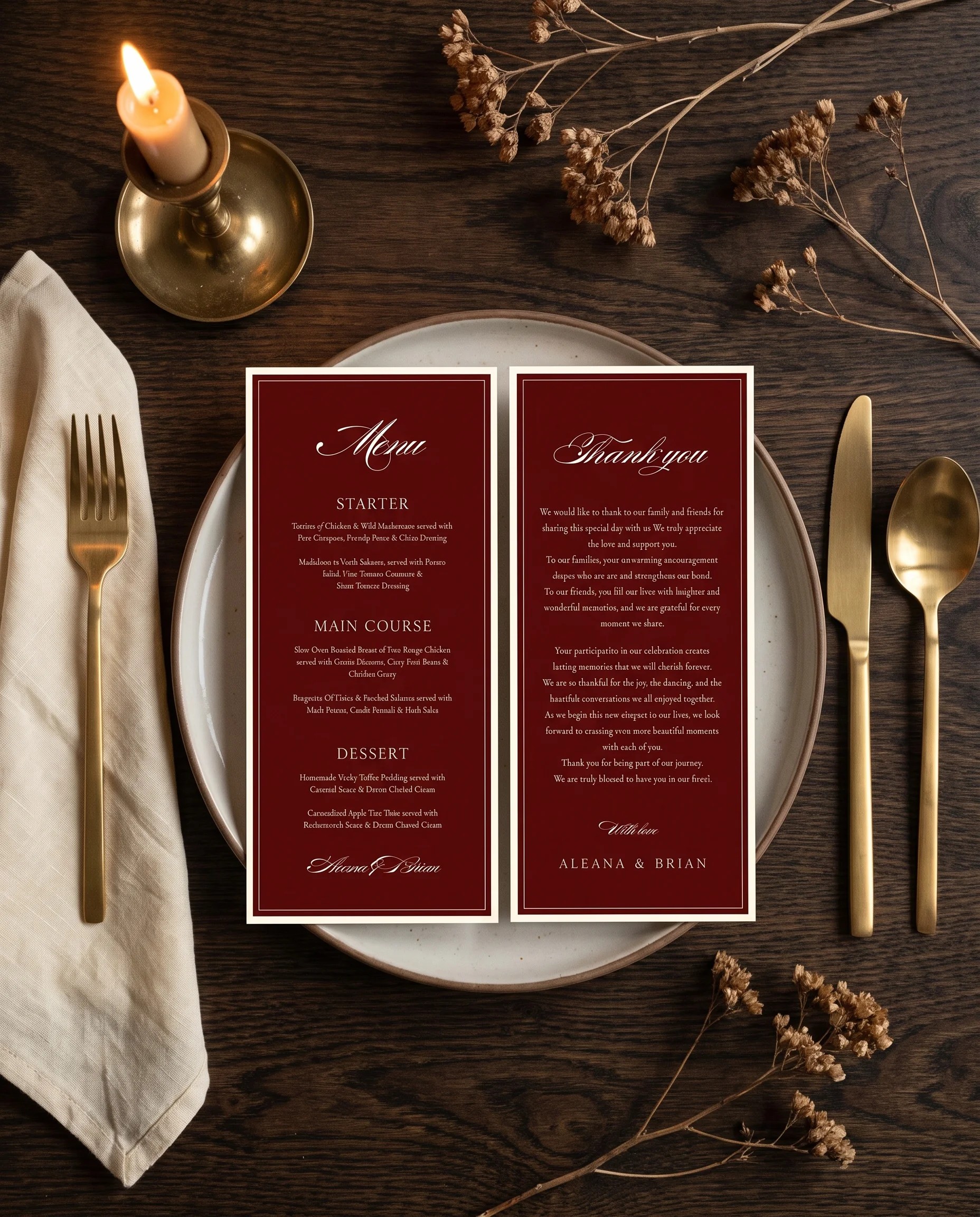 Claret Filigree wedding menu — menu and thank you card resting on a plate at a set place setting, wedding menu cards.
