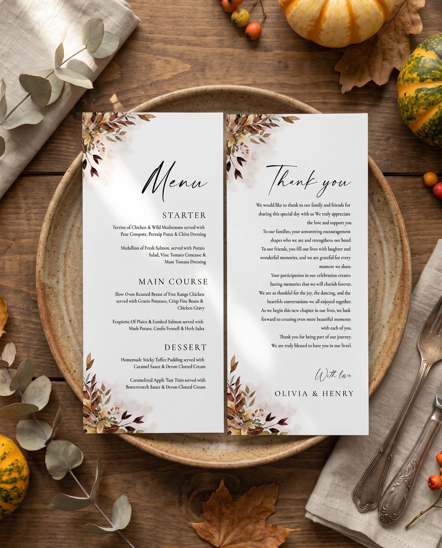 Autumn Bough wedding menu — menu and thank you card resting on a plate at a set place setting, wedding menu cards.