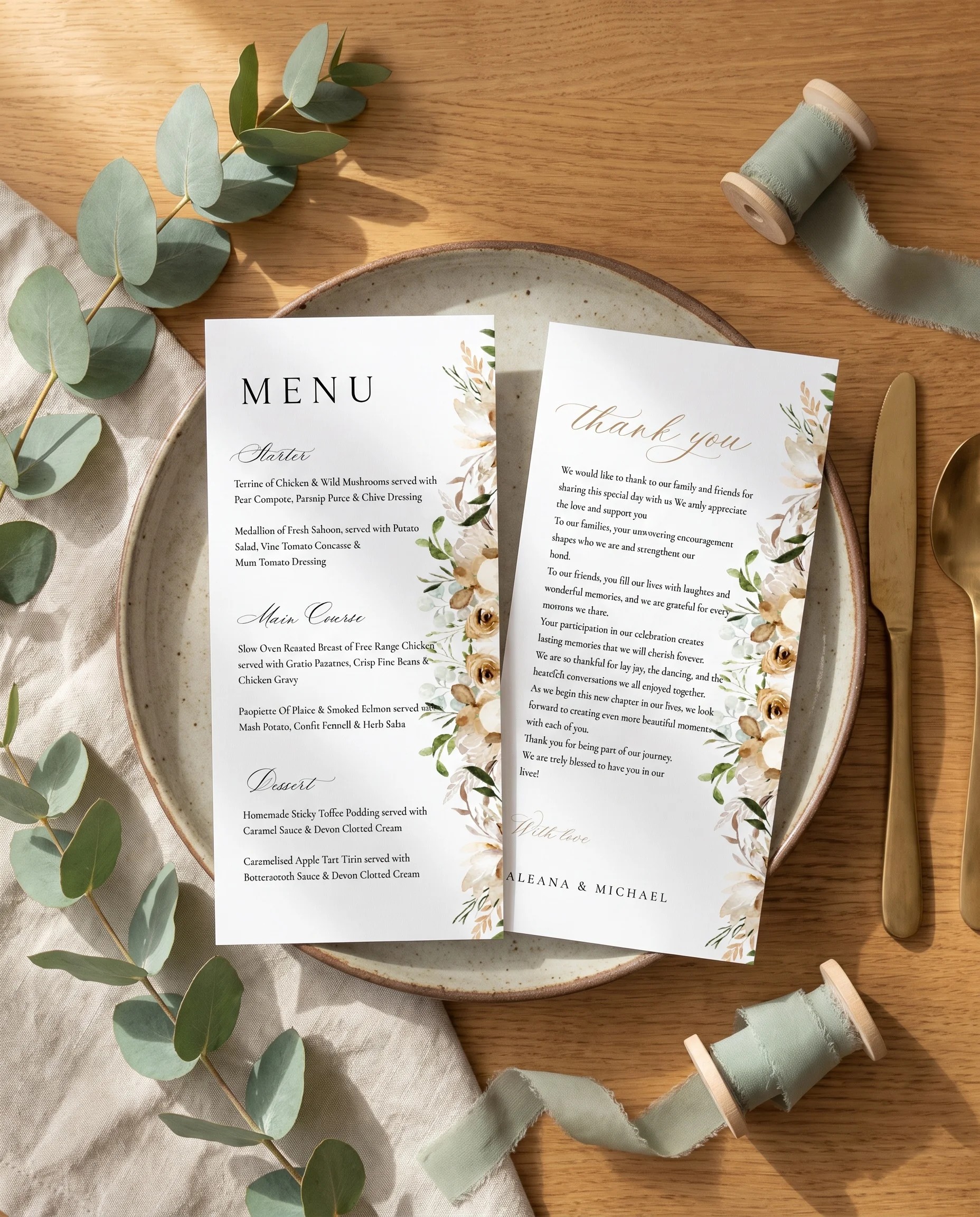 Meadow Veil wedding menu — menu and thank you card on a plate at a set place setting under soft overhead light, wedding menu cards.