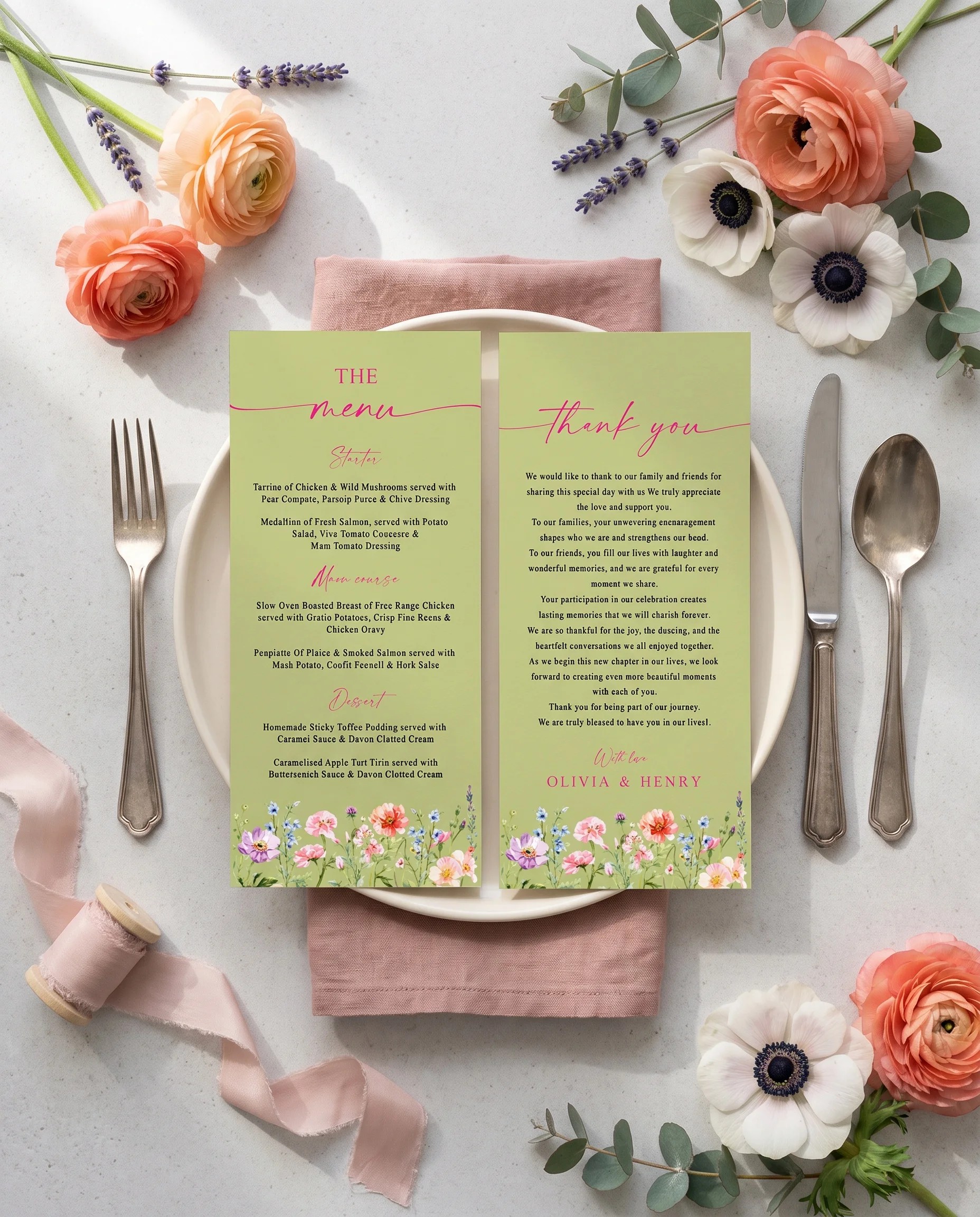 Wildmeadow wedding menu — menu and thank you card displayed on a plate at a set place setting, wedding menu cards.