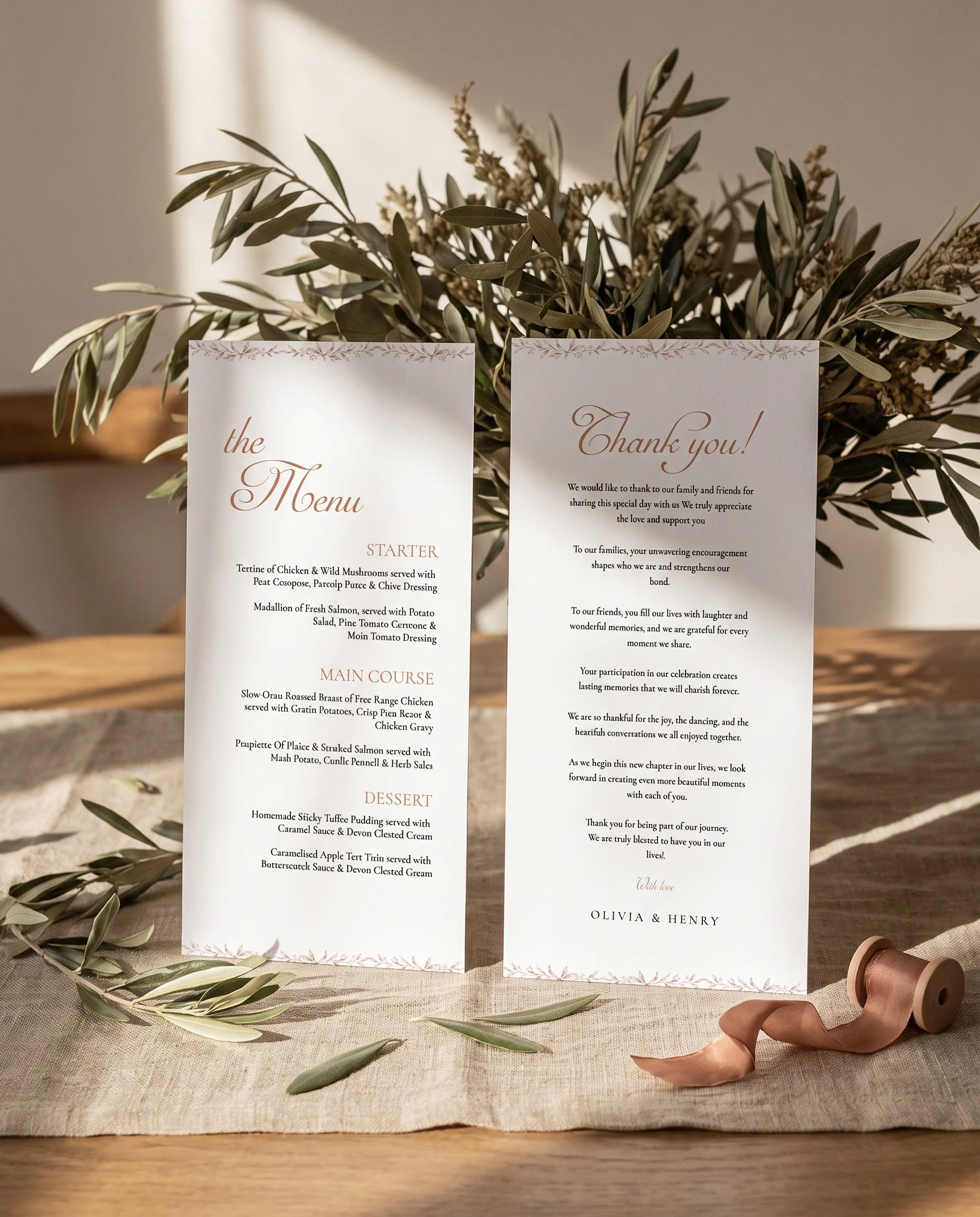 Sepia Sprig wedding menu — two menu pages standing upright on a reception table in soft natural light, wedding menu template.