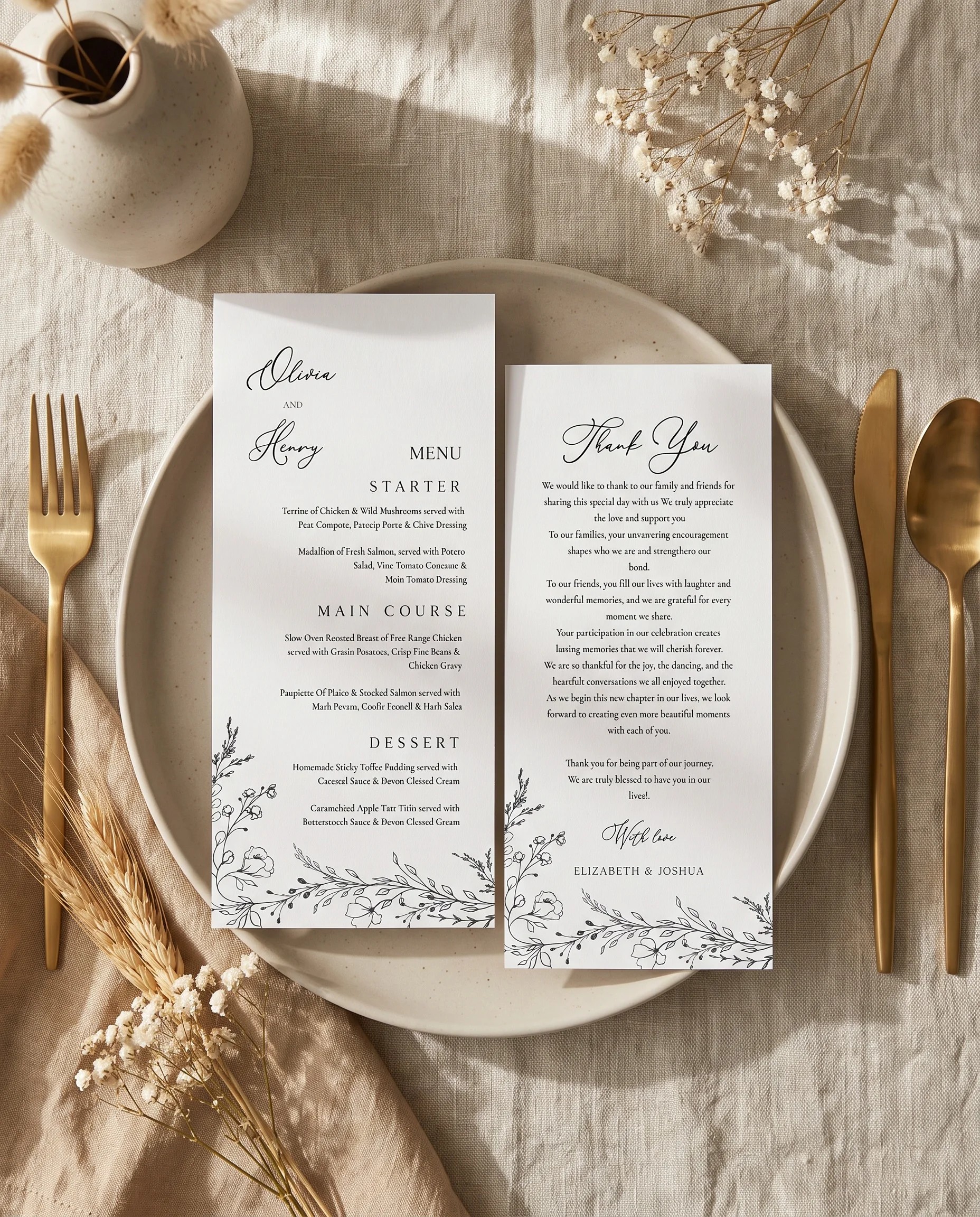 Meadow Sprig wedding menu — menu and thank you card on a plate at a set place setting, wedding menu cards.