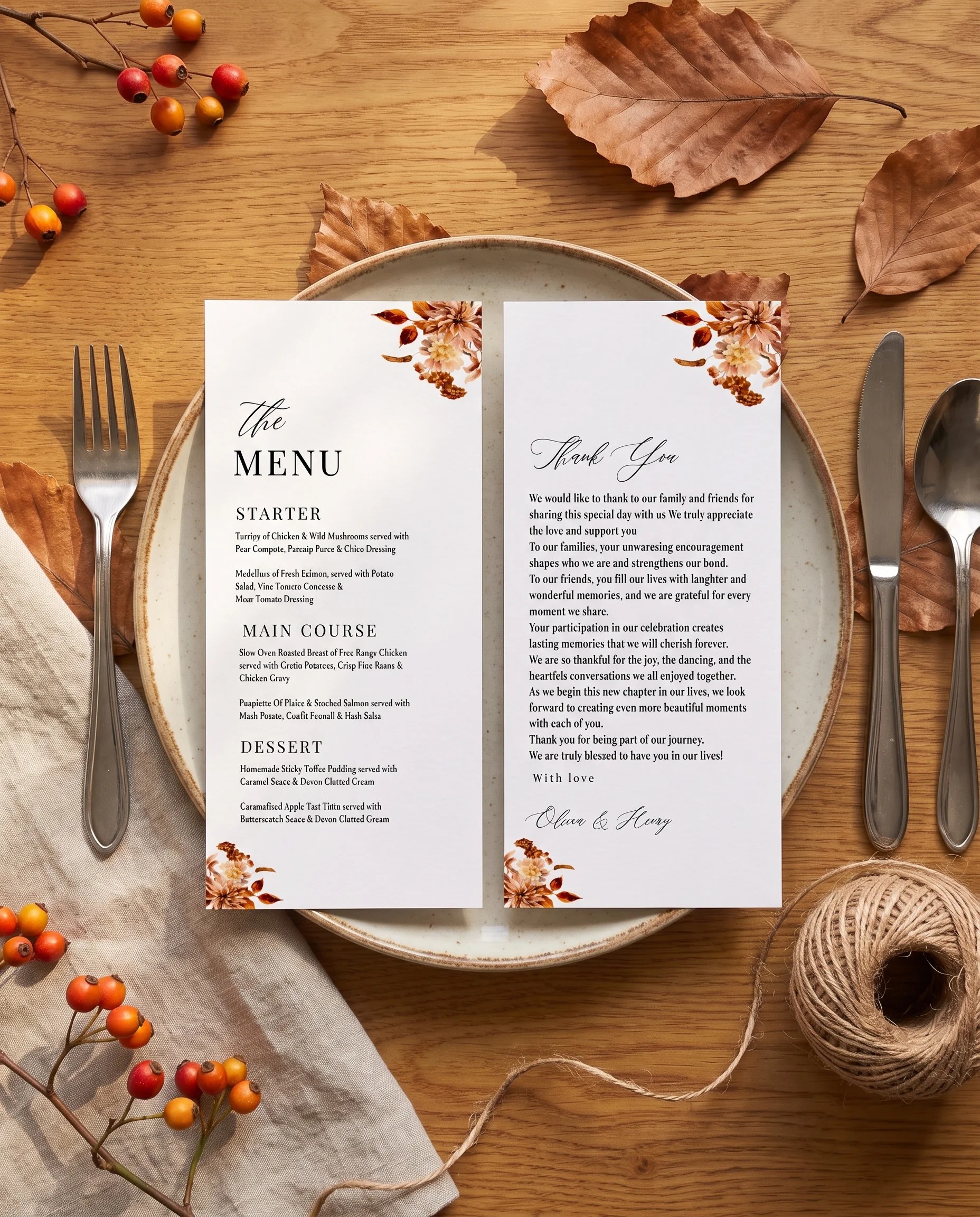 Autumn Bramble wedding menu — menu and thank you card on a plate at a set place setting, wedding menu cards